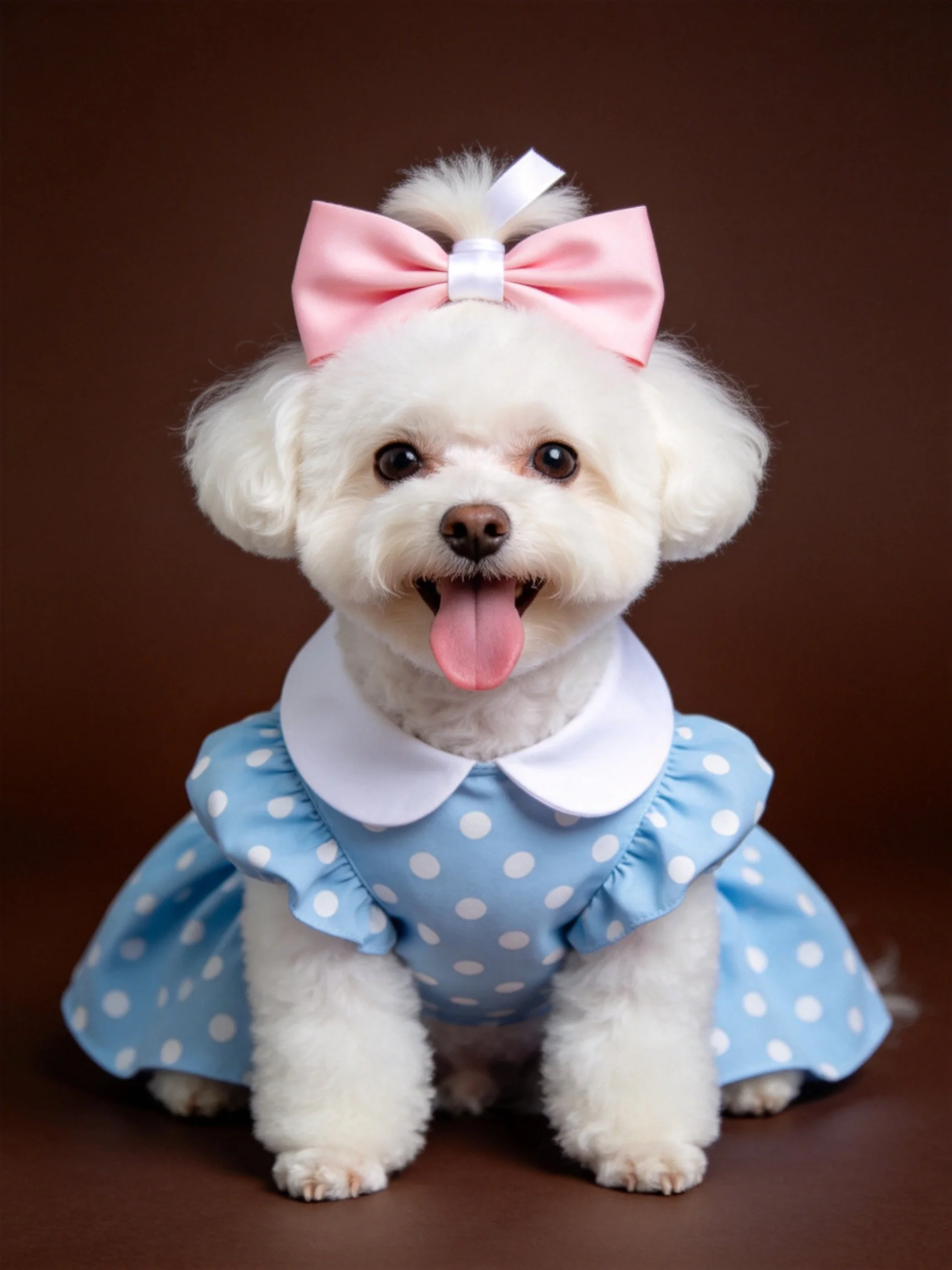A small white dog sits happily wearing a blue polka-dot dress and pink bow.