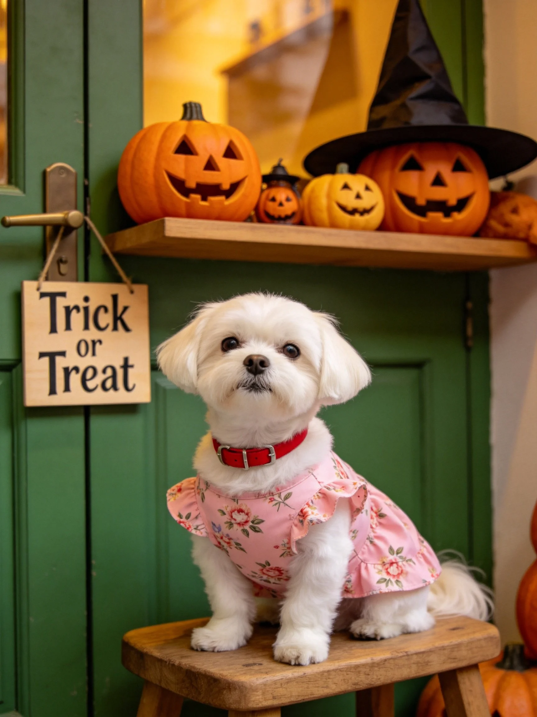 A small white dog sits on a stool near Halloween decorations.