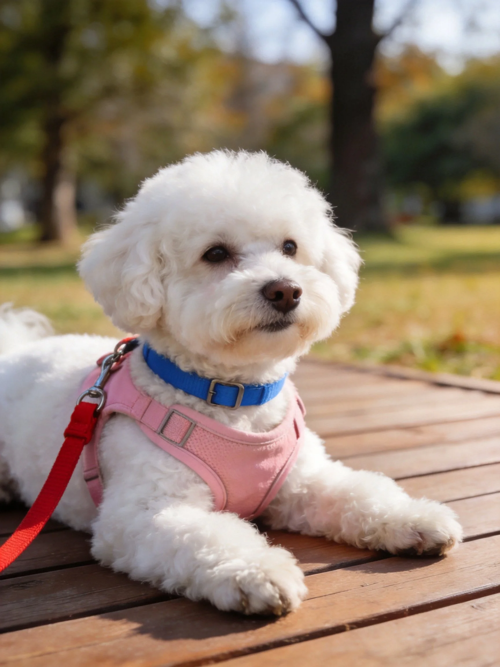 A small white dog with a pink harness relaxes on a wooden outdoor surface