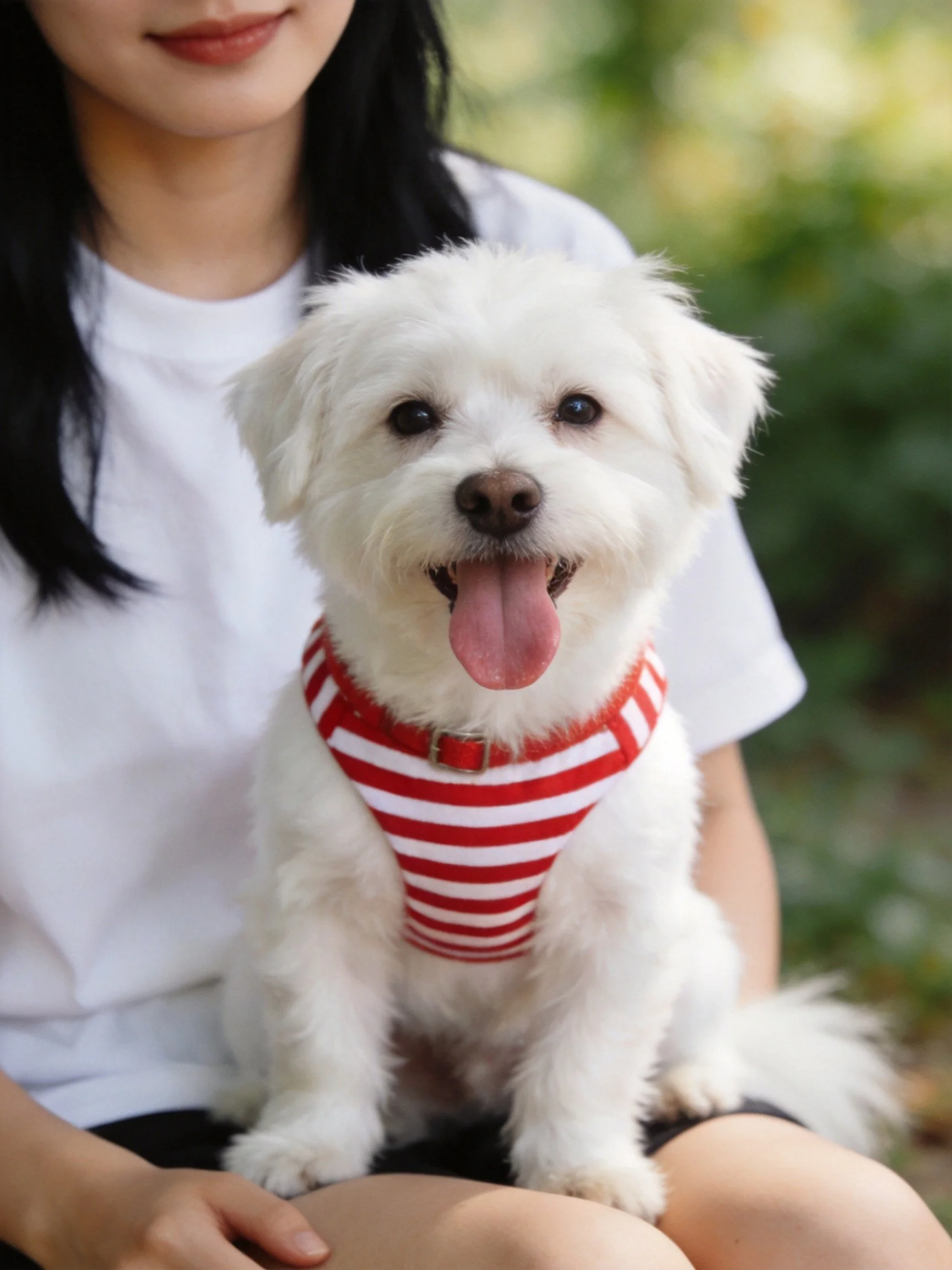 A small white dog in a red-and-white striped harness sits happily on a person’s lap