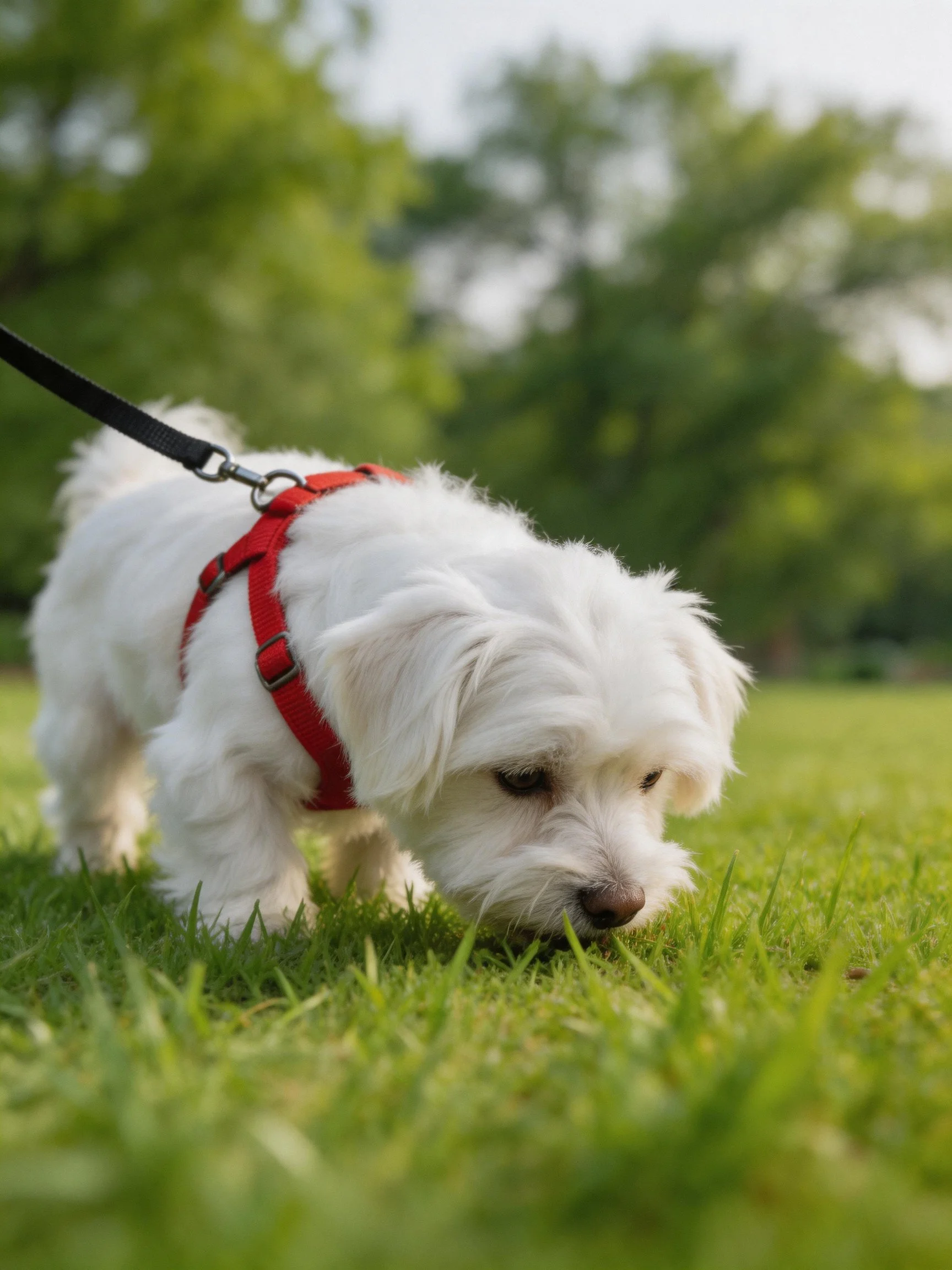 A small white dog explores green grass while wearing a red harness.