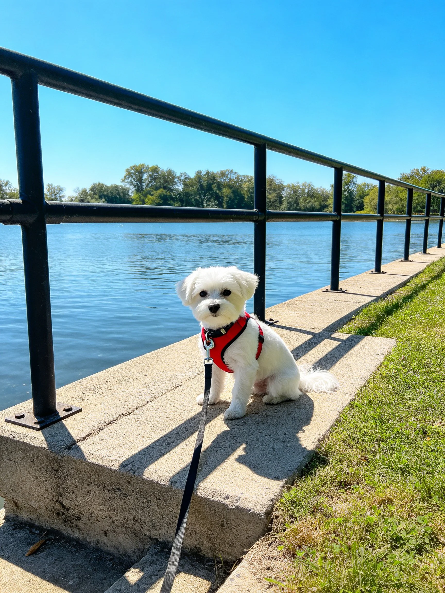 A small white dog in a red harness sits calmly by a river with black railings.