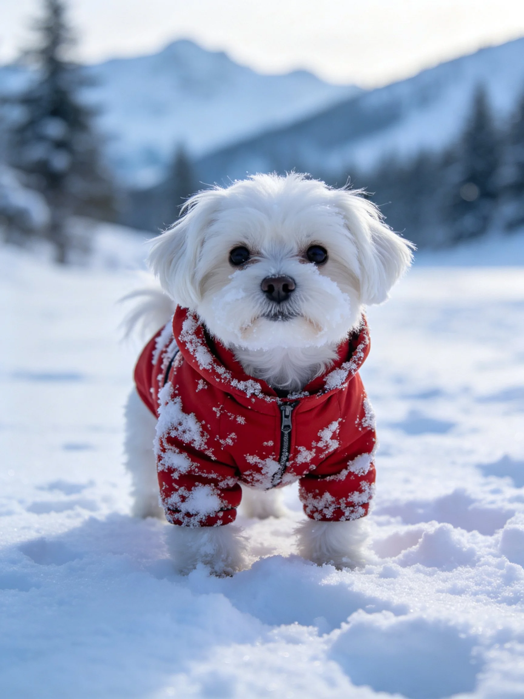 A small white dog in a red snowsuit stands on a snowy landscape.