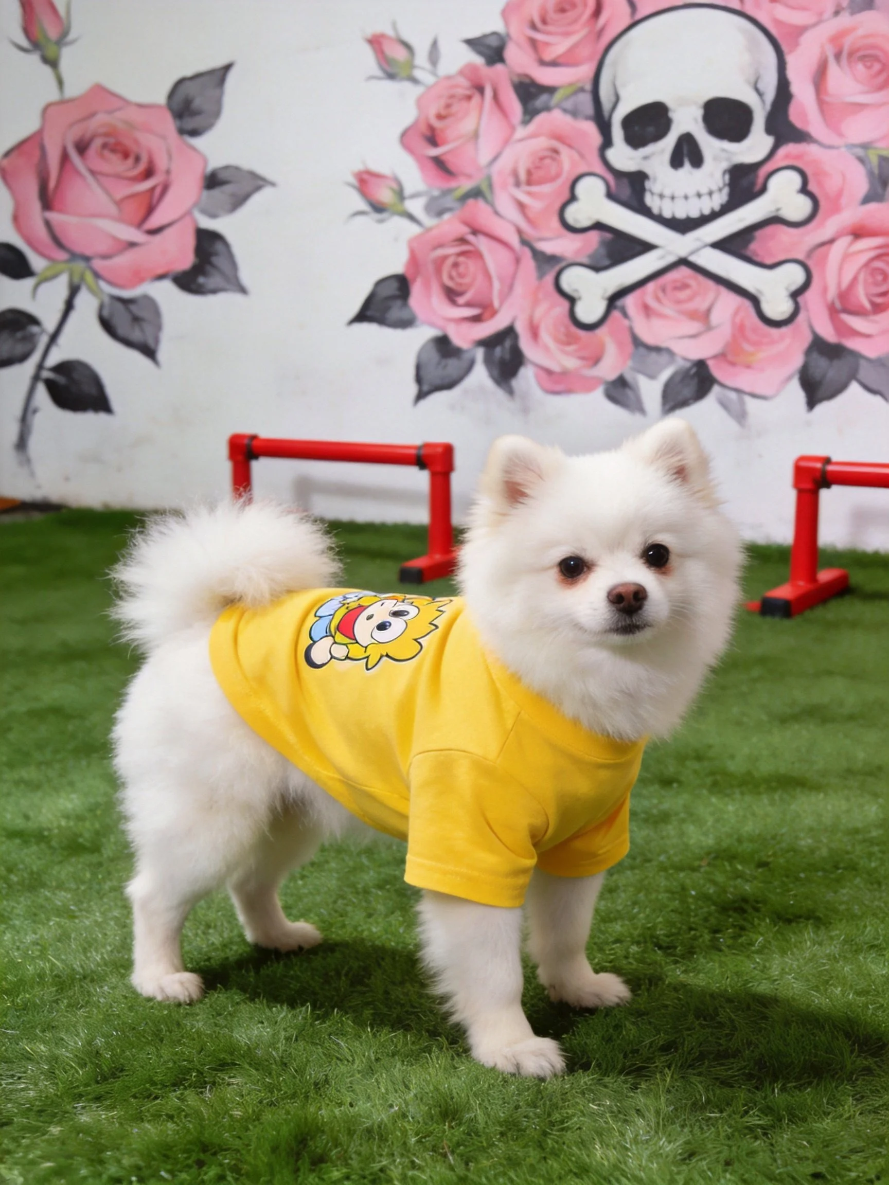 A small white dog wears a yellow shirt on green grass near rose murals