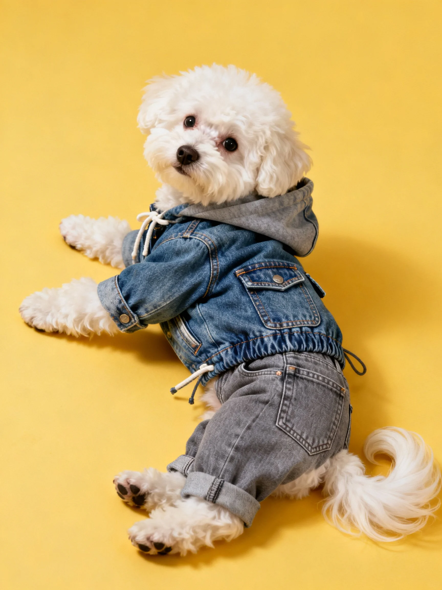 A small white dog sits in denim attire against a bright yellow background.