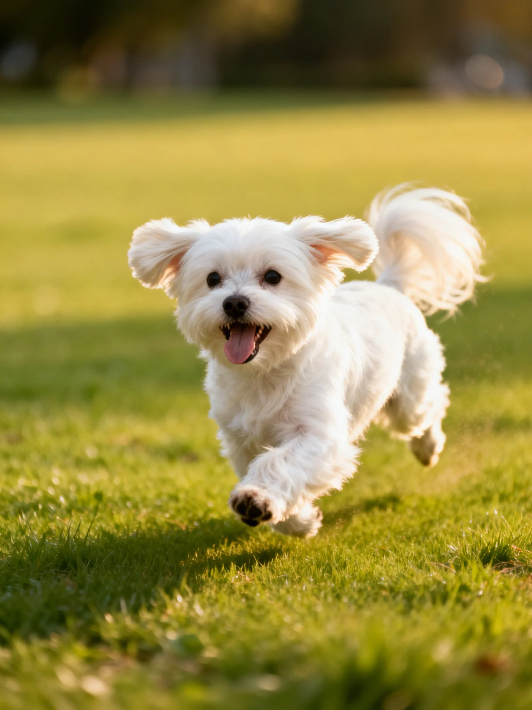 A small white dog happily runs across a sunlit grassy area.