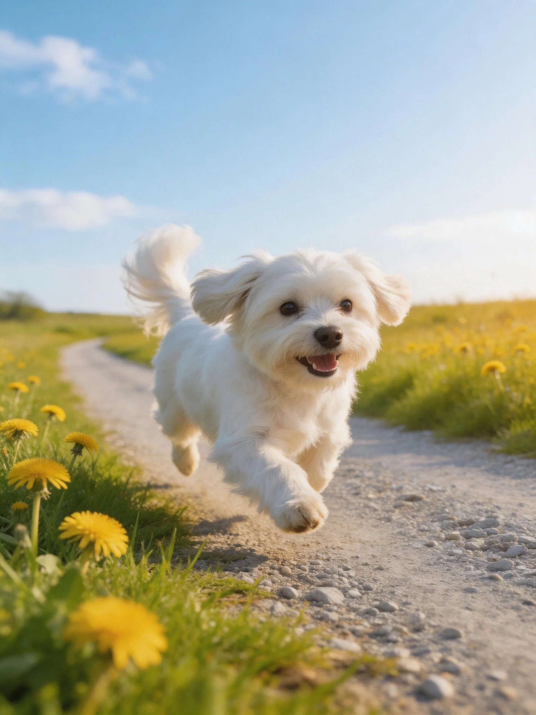 A small white dog joyfully runs along a gravel path near yellow wildflowers.
