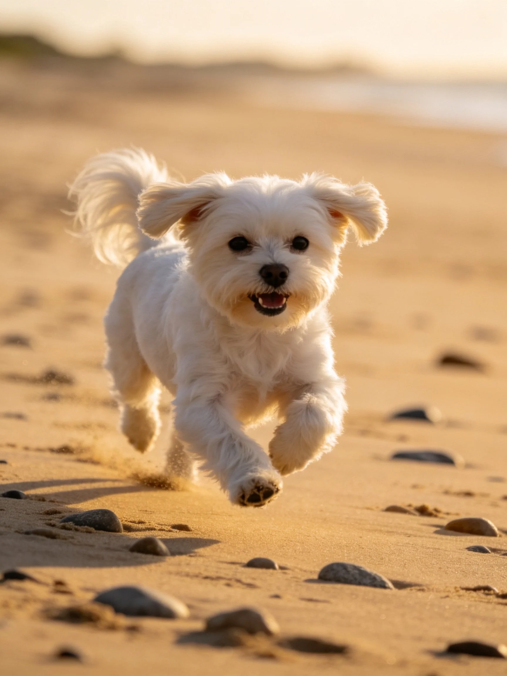 A small white dog runs happily on a sandy beach.