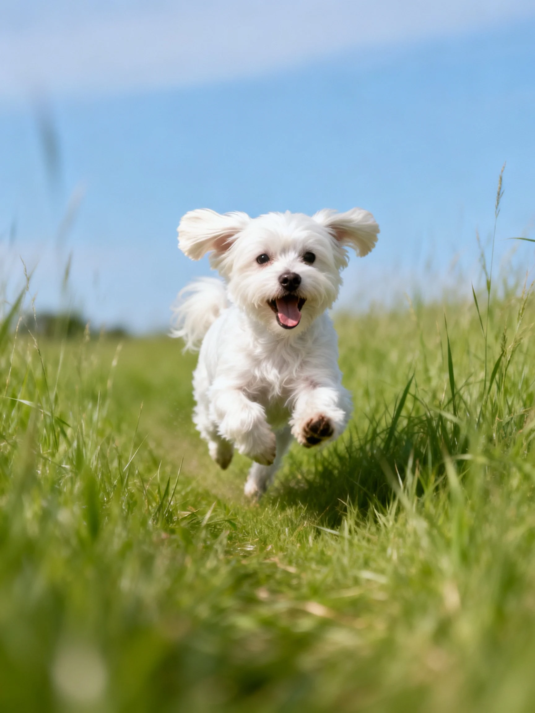 A small white dog runs joyfully through a grassy field.