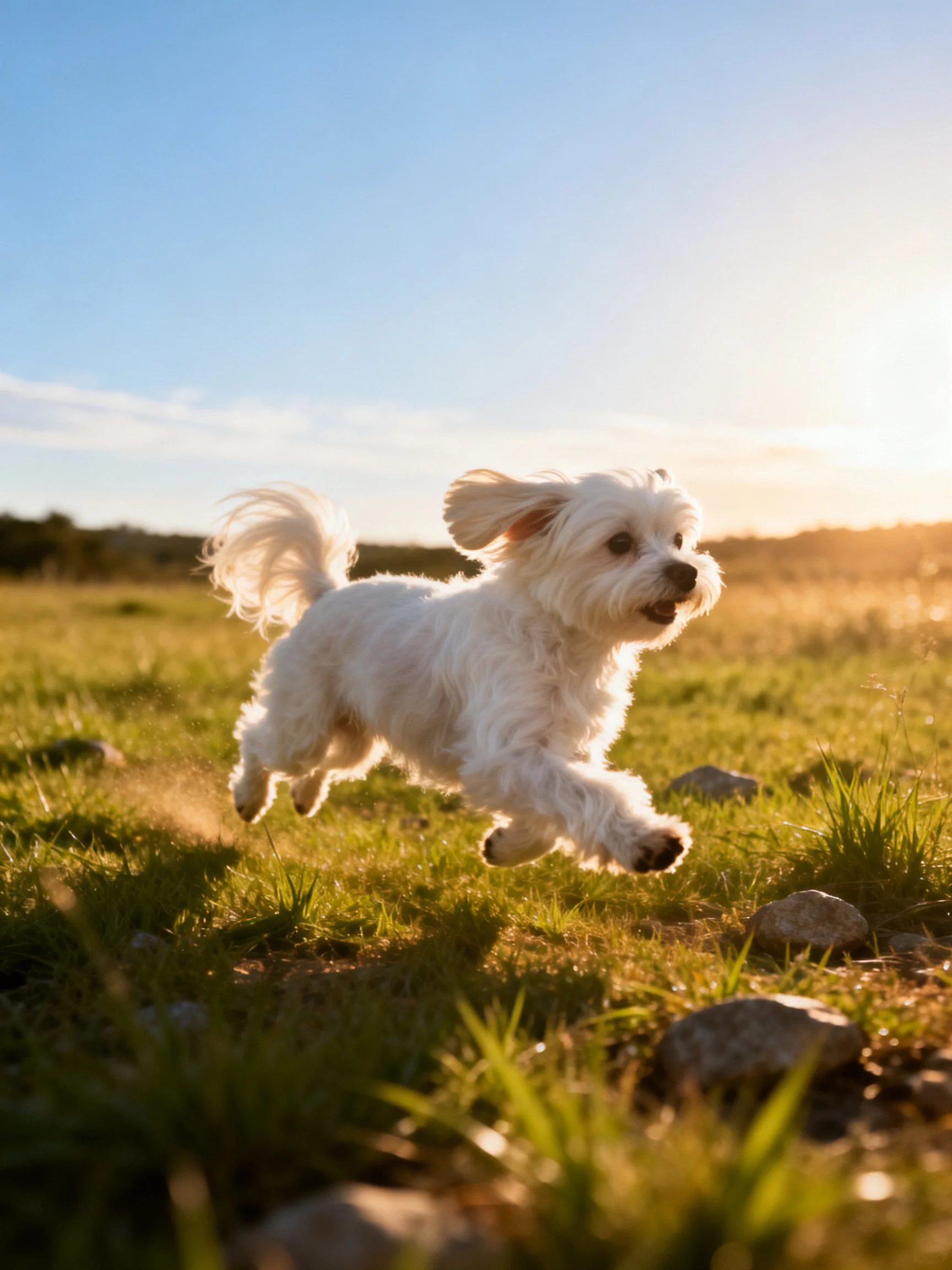 A small white dog joyfully runs through a sunlit grassy landscape.