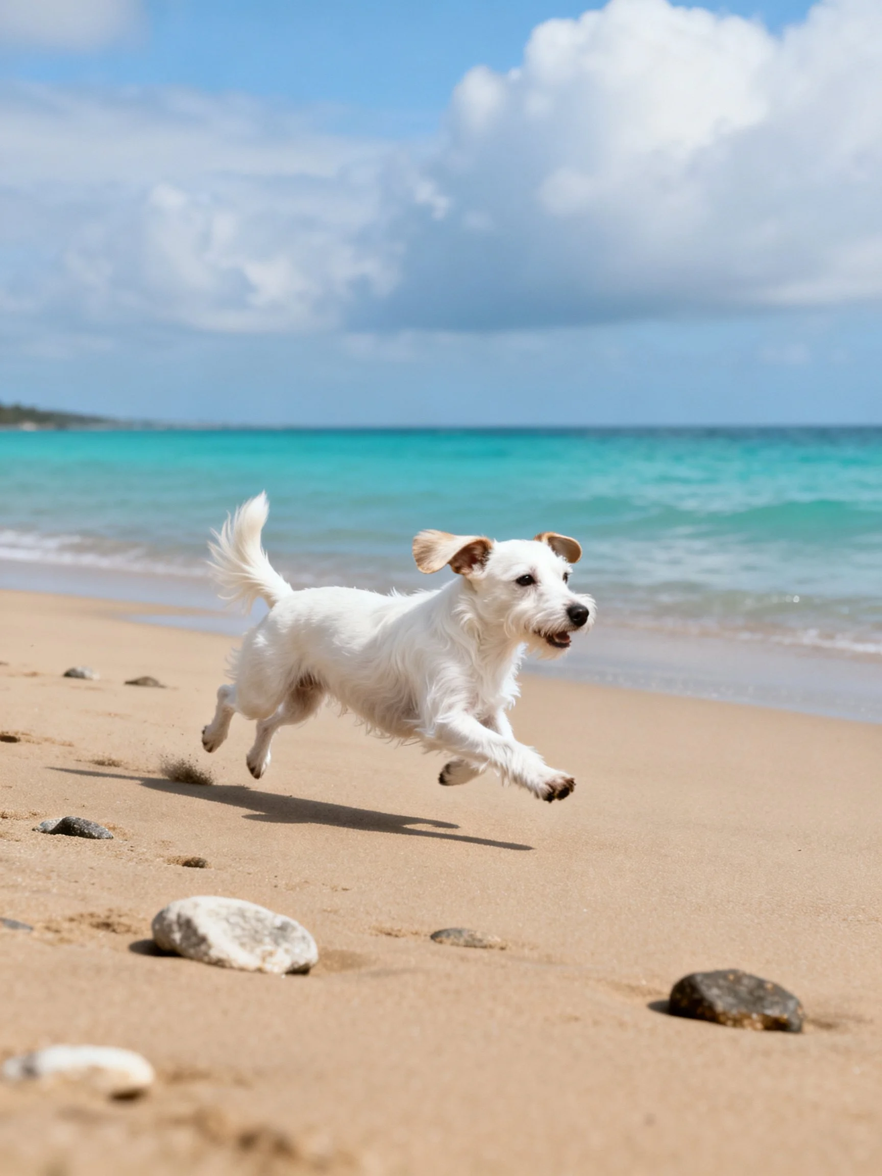 A small white dog runs energetically along a sunny beach shoreline.