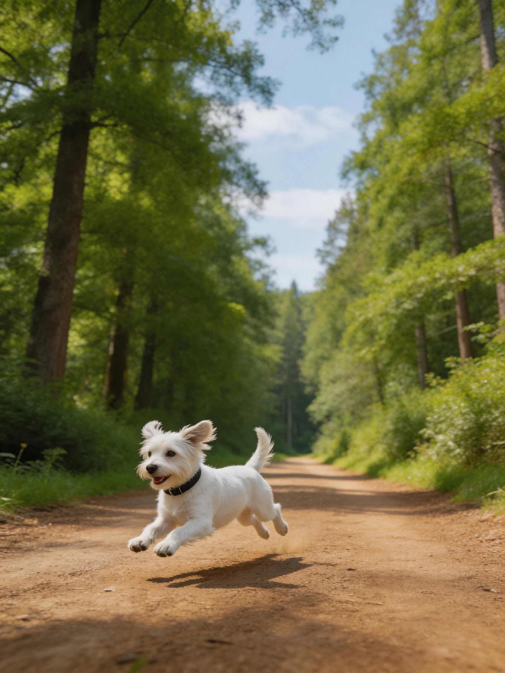 A small white dog joyfully runs along a sunlit dirt path amid dense green trees.