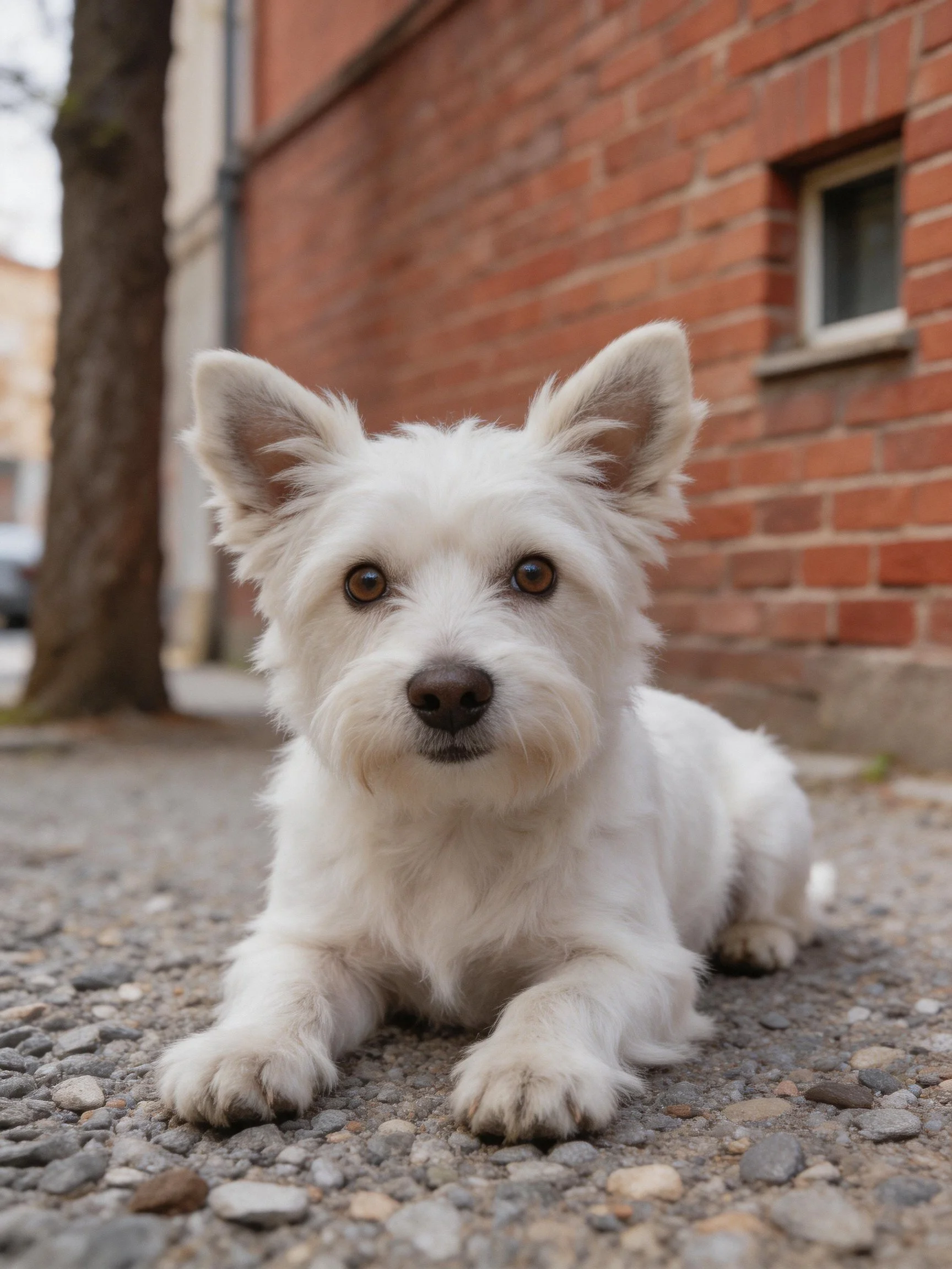 A small white dog rests on a pebbly surface near a red brick building.