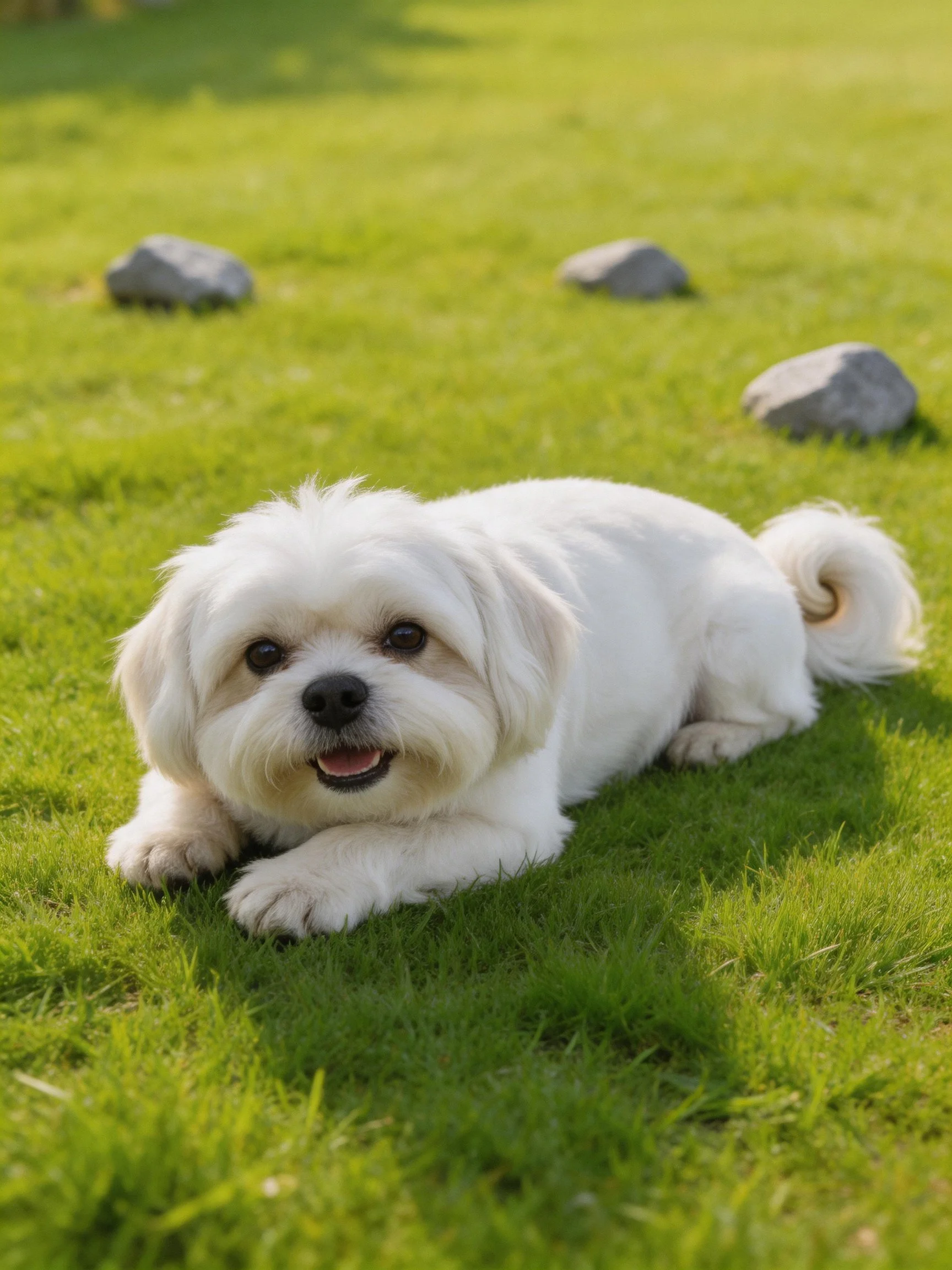 A small white dog rests on green grass near gray stones