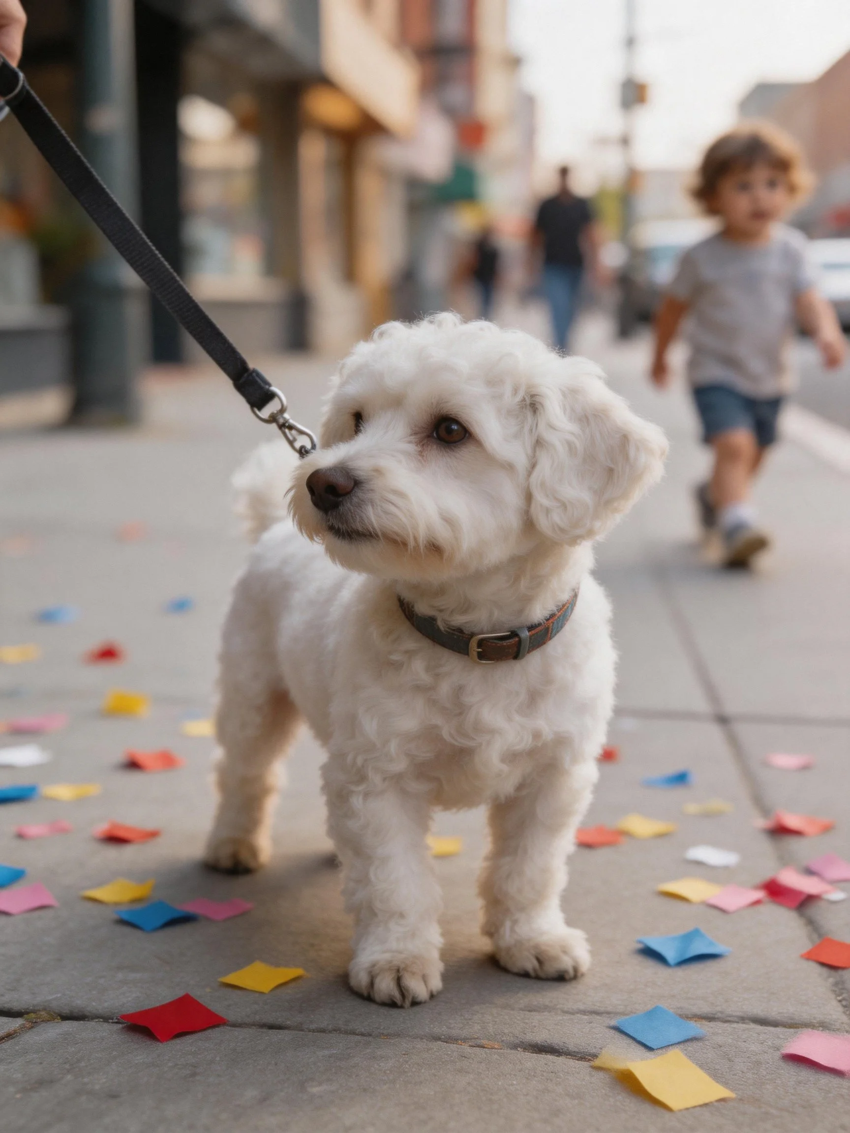 A small white dog stands on a sidewalk scattered with colorful confetti near a running child.