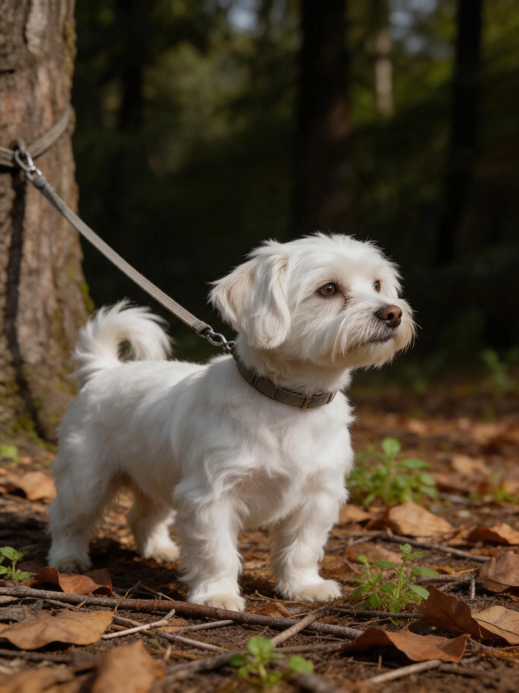A small white dog is leashed to a tree among fallen leaves and trees in a forest.
