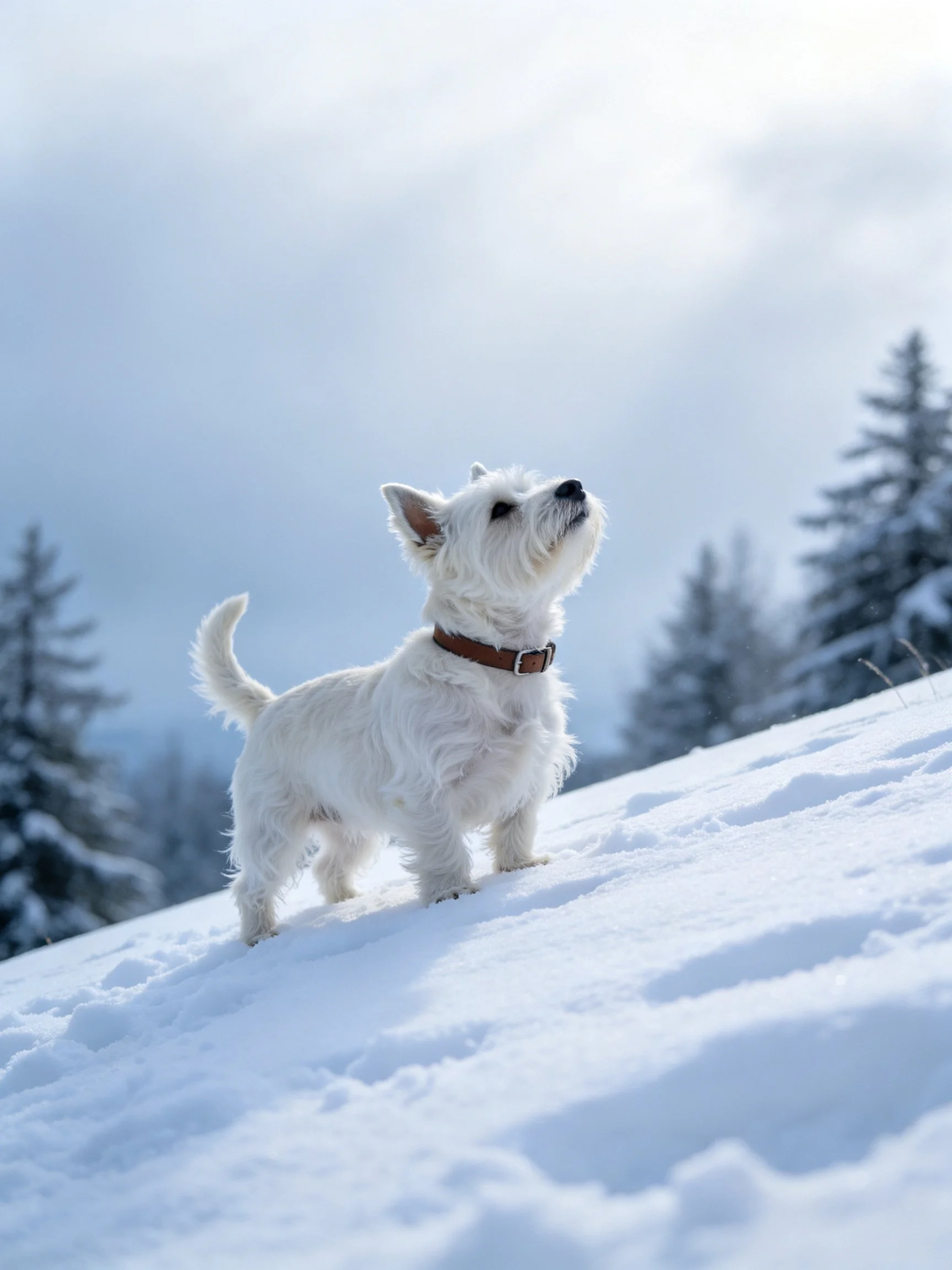 A small white dog stands alert on a snowy hillside with evergreen trees in the distance.