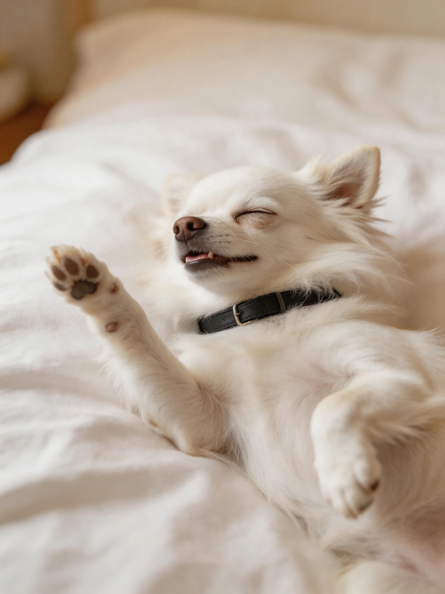 A small white dog rests comfortably on a soft bed with closed eyes