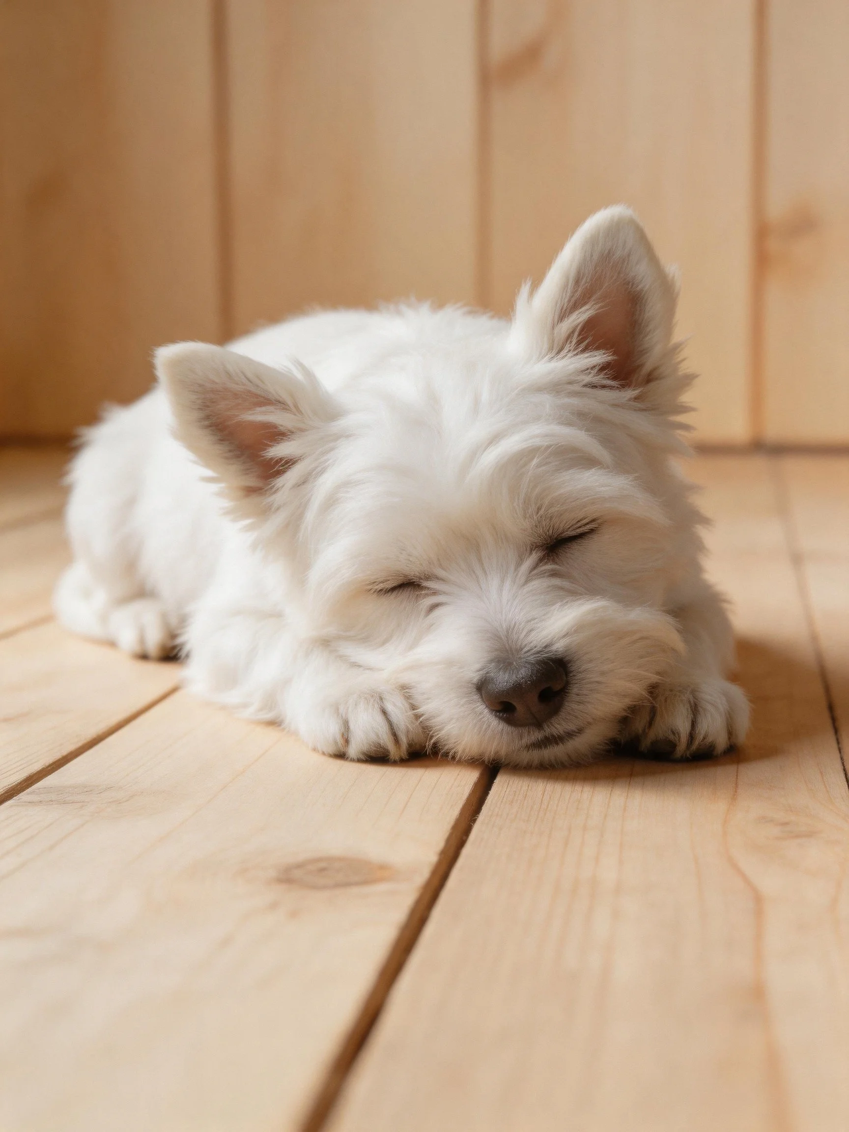 A small white dog sleeps on a wooden floor.