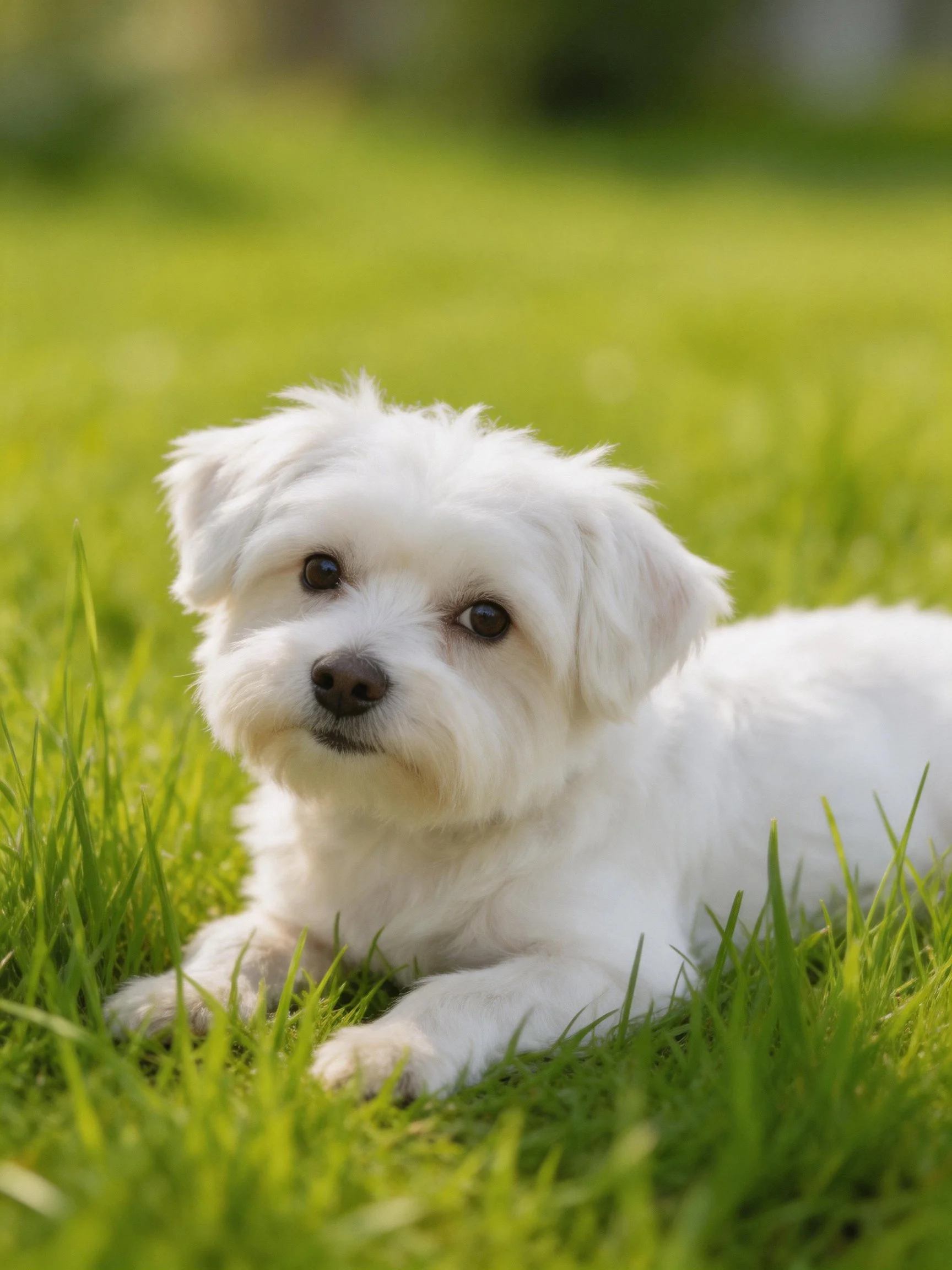 A small white dog rests on lush green grass.