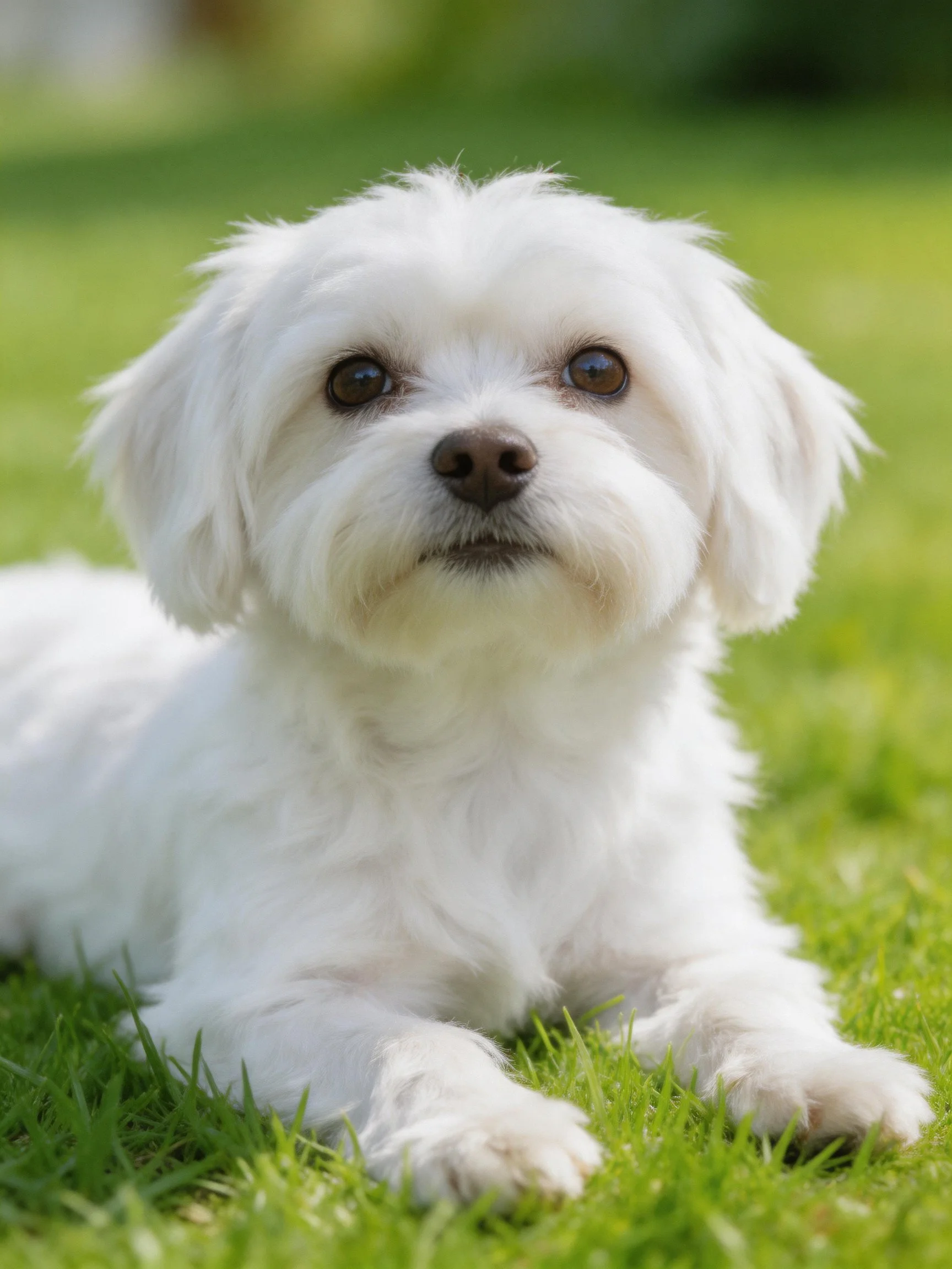 A small white dog lies peacefully on green grass.