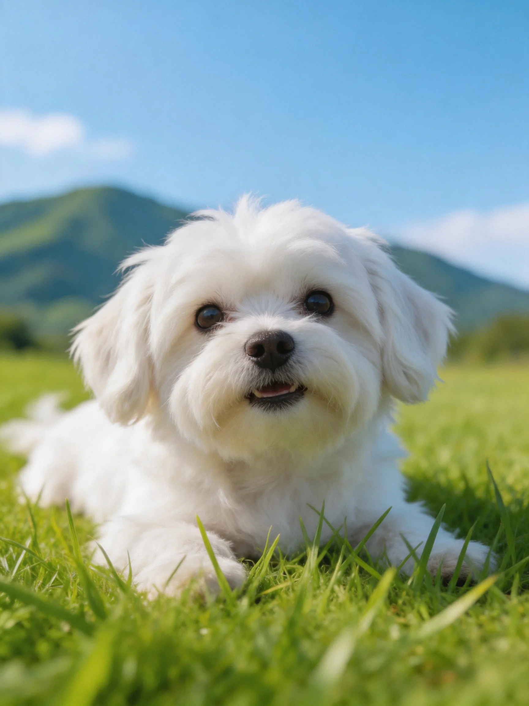 A small white dog relaxes on lush green grass with distant mountains