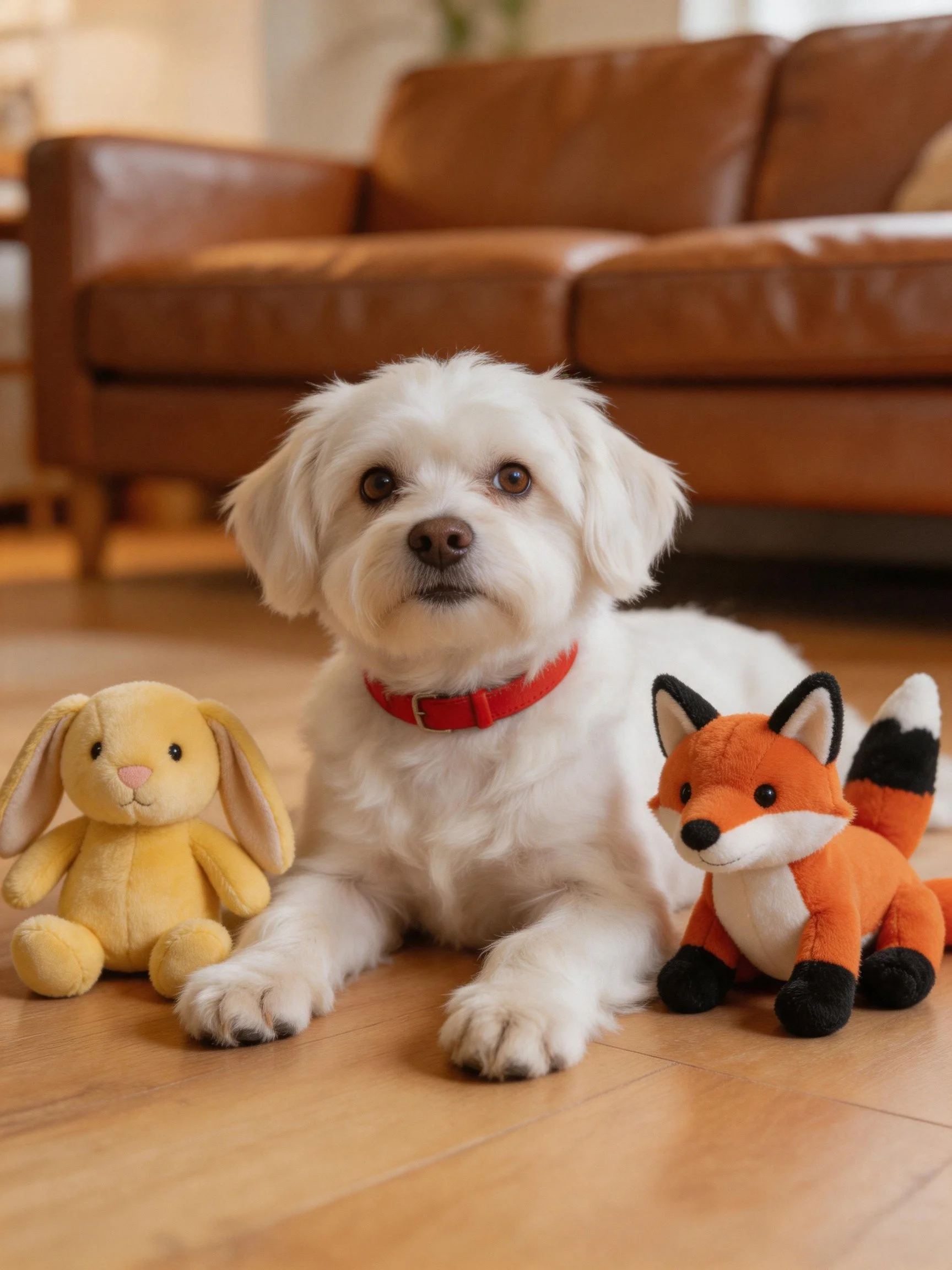 A small white dog sits among two stuffed animals in a cozy living room.