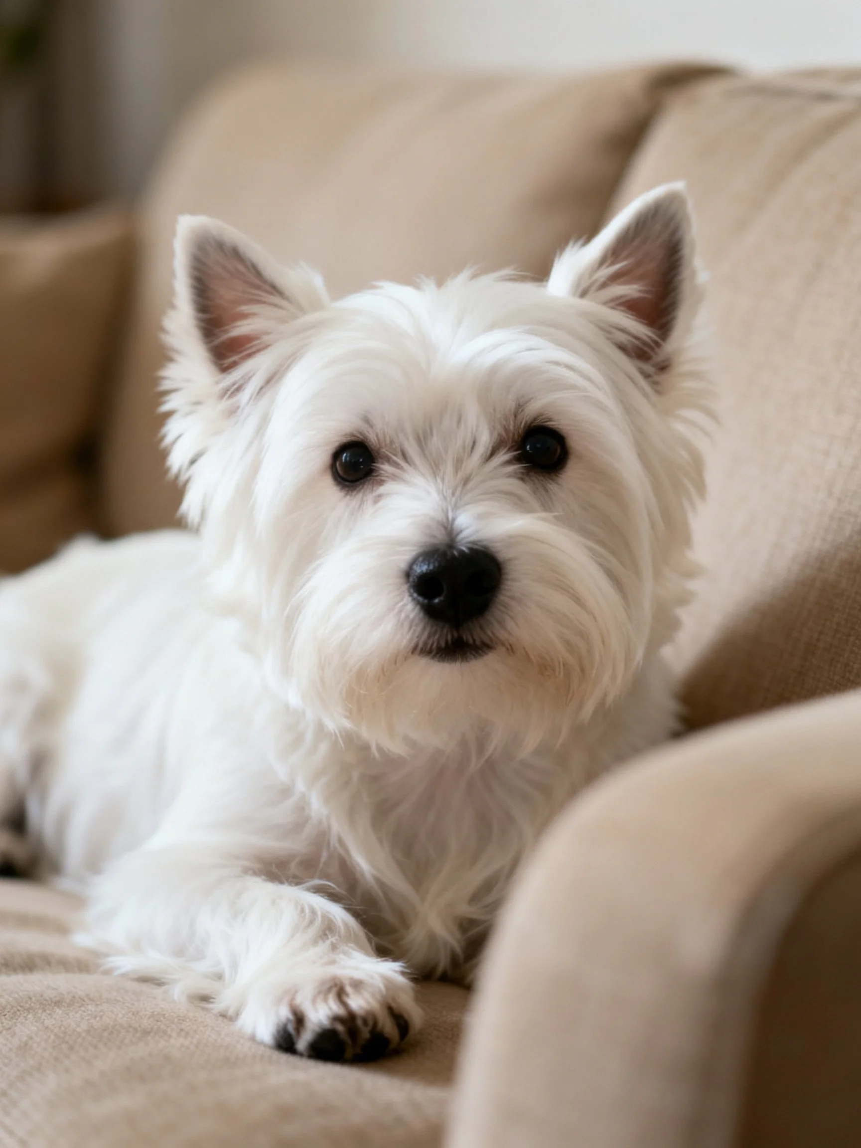 A small white dog relaxes on a beige sofa.