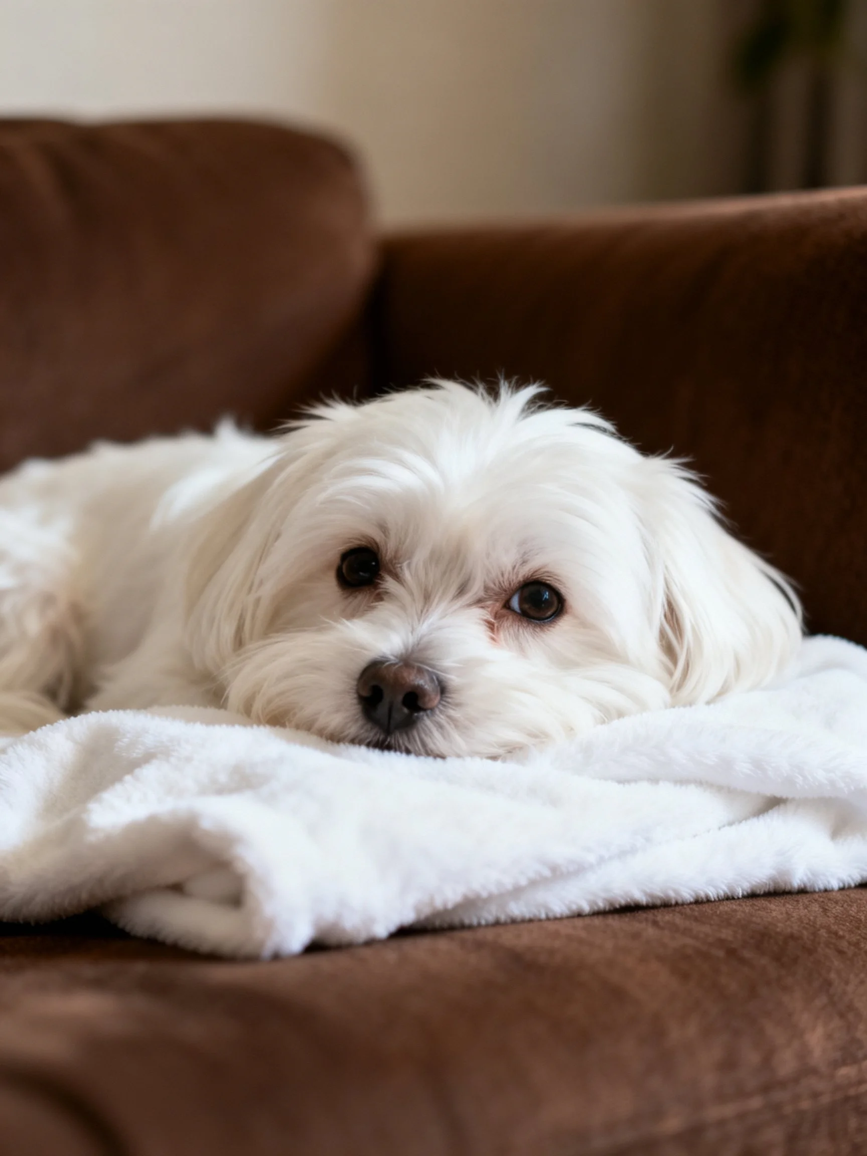 A small white dog relaxes on a brown couch with a white towel.