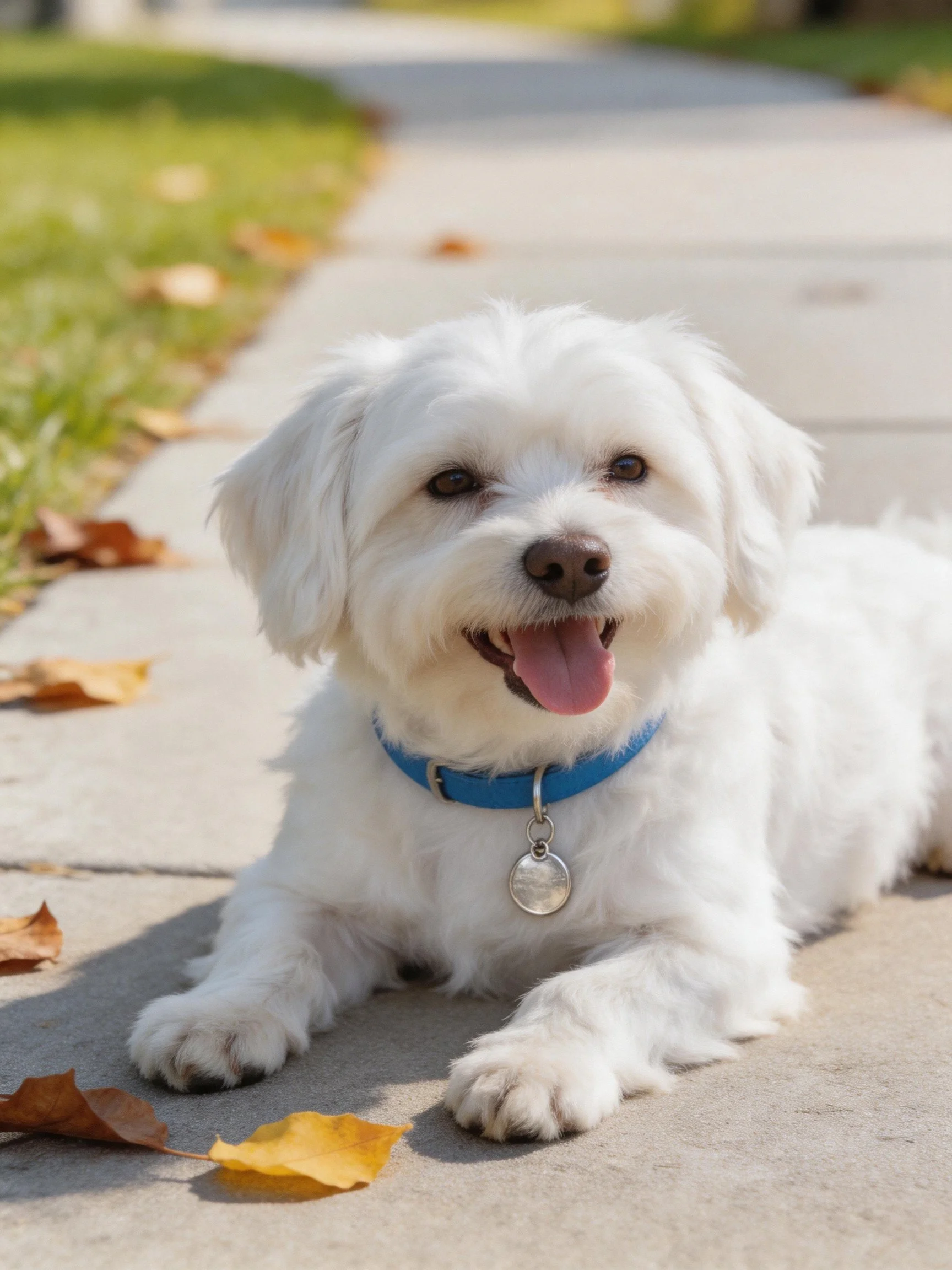 A small white dog rests on a concrete path with fallen leaves