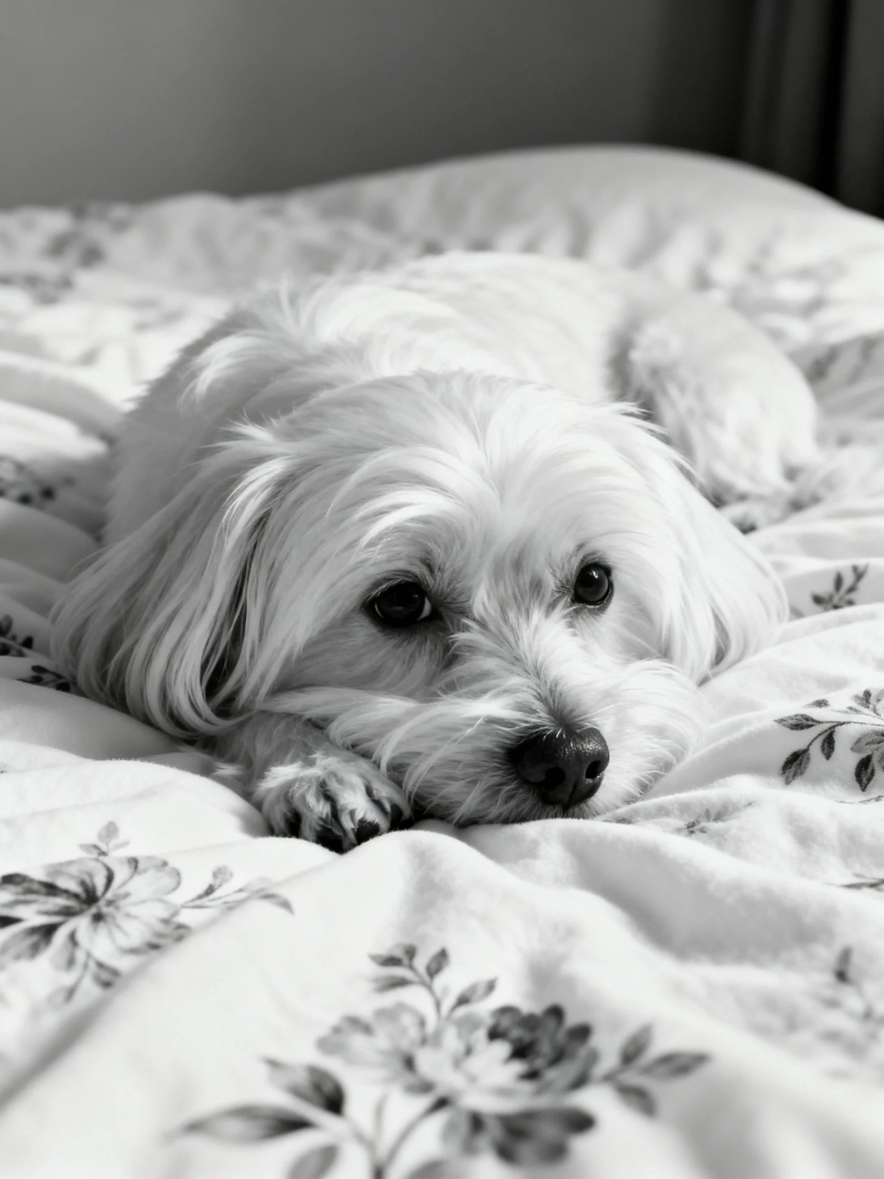A small white dog relaxes on a bed with a floral-patterned cover