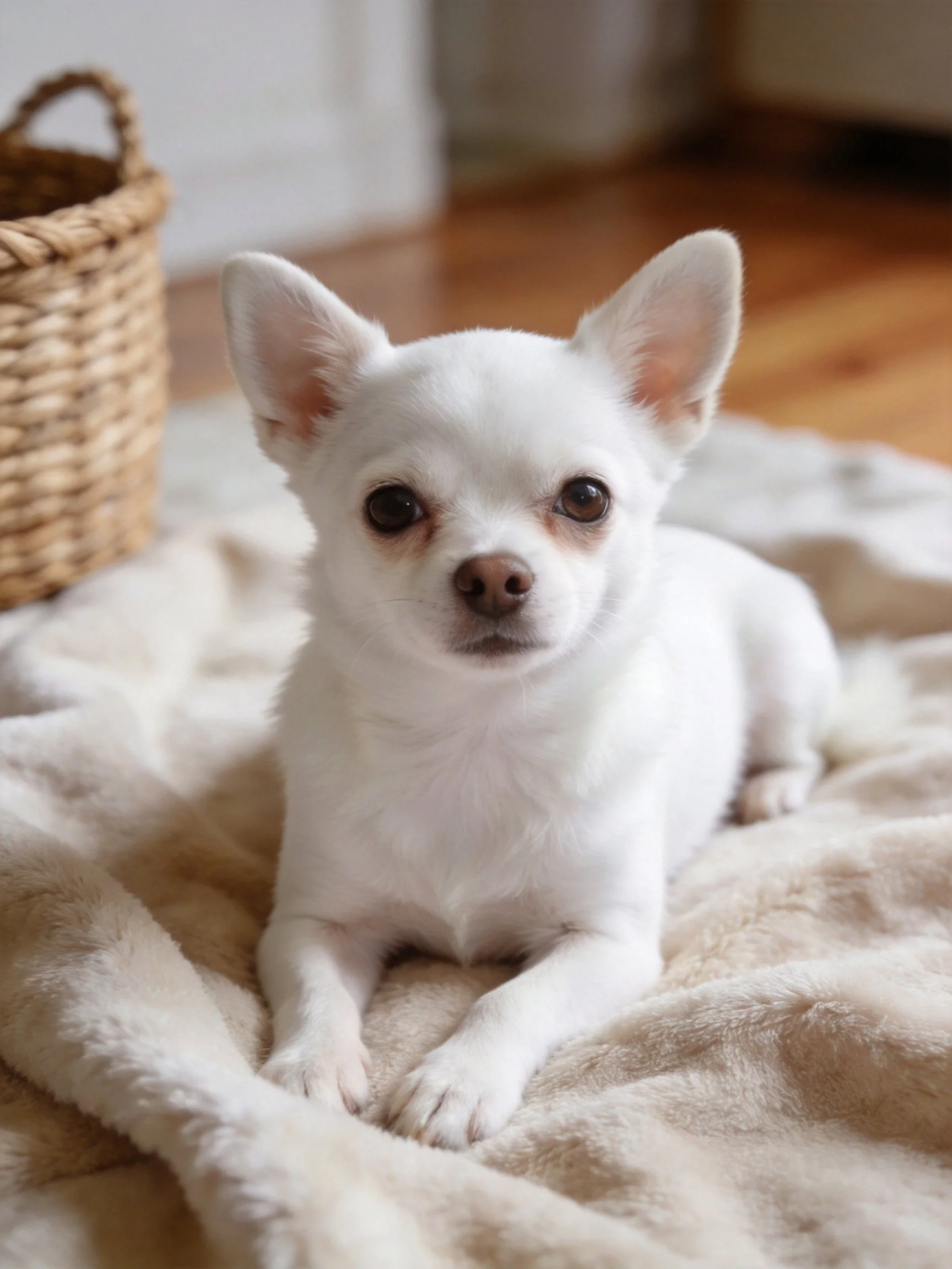 A small white dog relaxes on a blanket with a wicker basket nearby