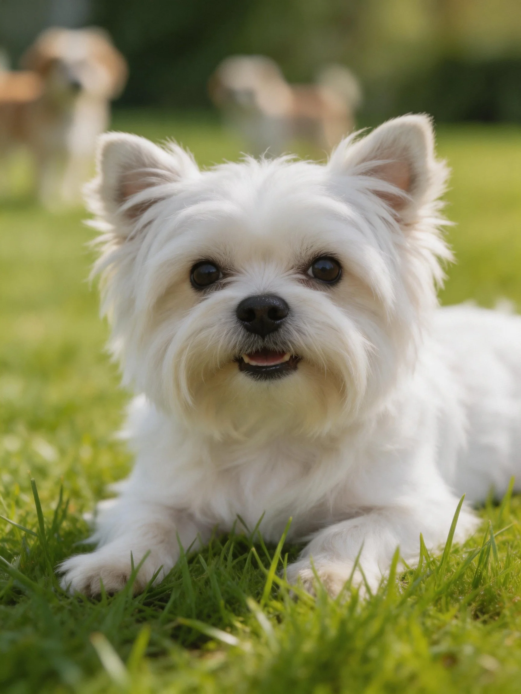A small white dog relaxes on green grass with blurred dogs behind.