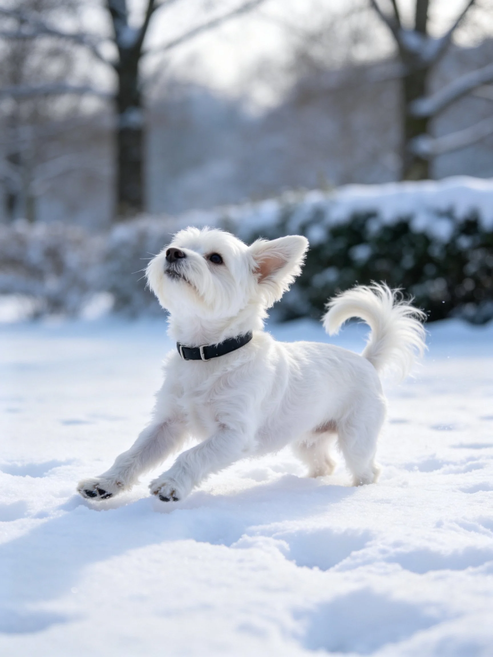 A small white dog runs joyfully through the snow.