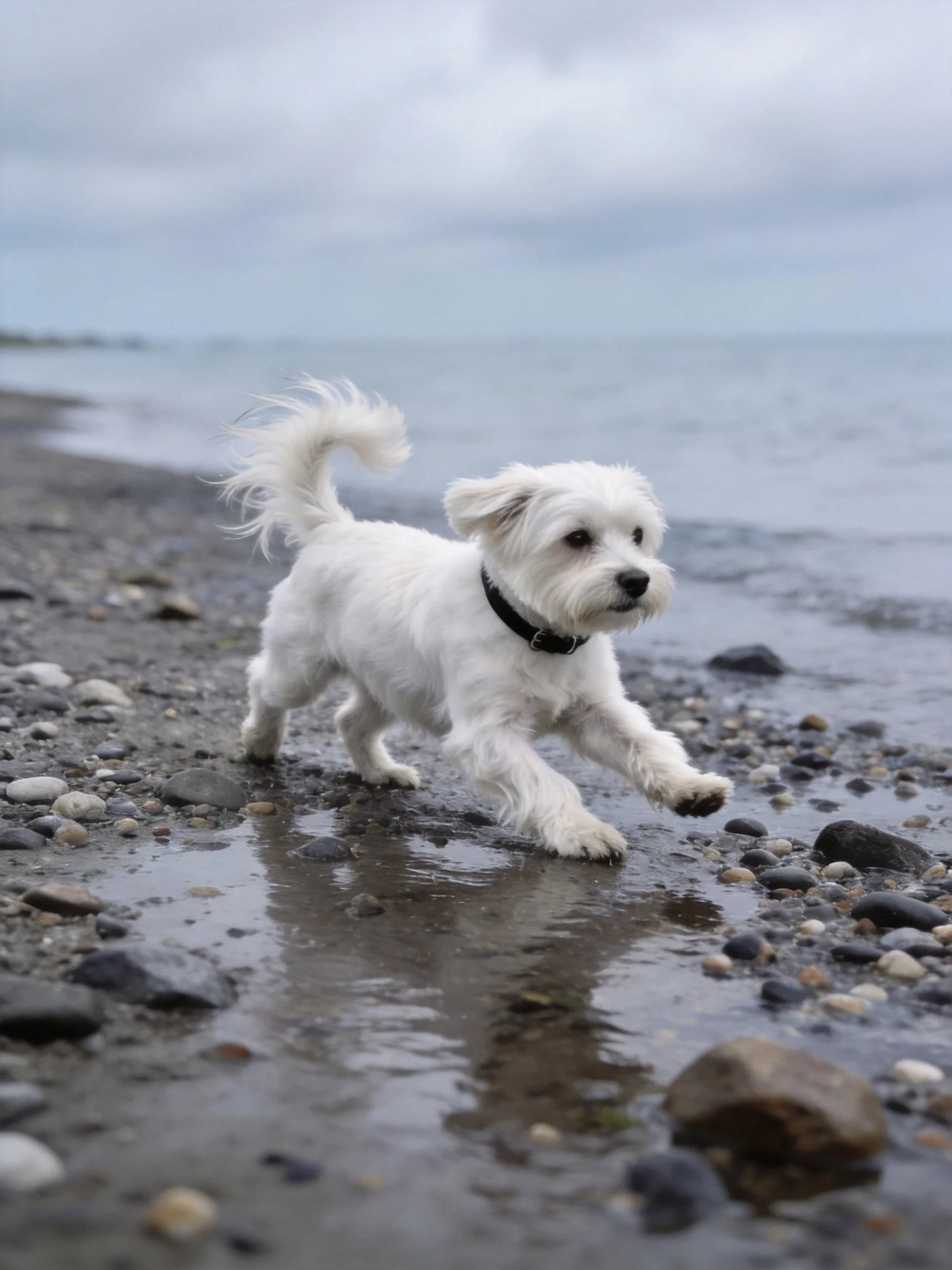 A small white dog runs energetically on a pebbly shoreline near water.
