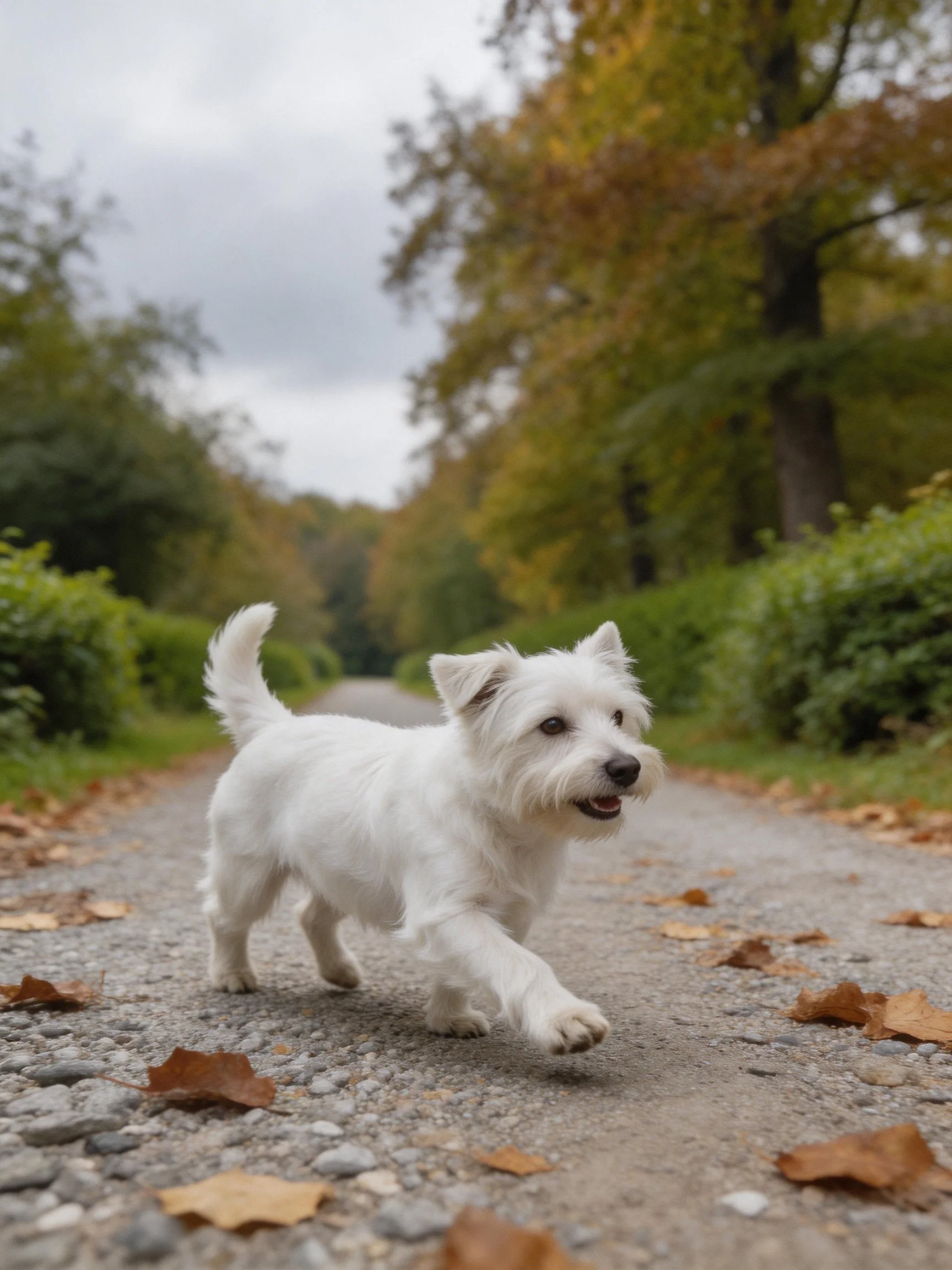 A small white dog runs joyfully along a leaf-covered path in a wooded area.