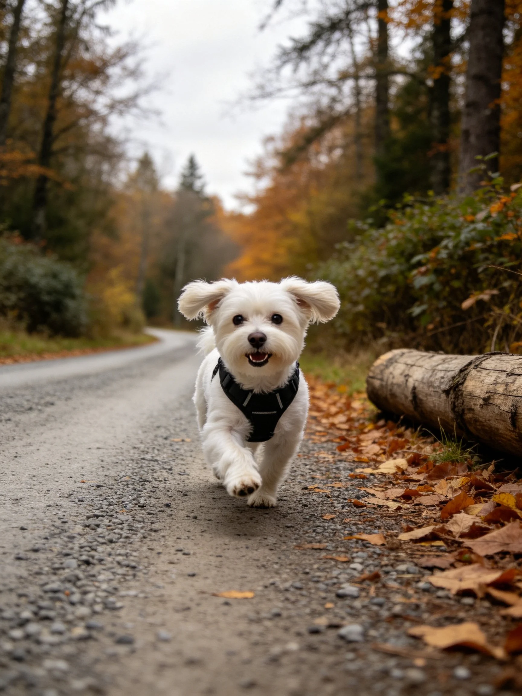 A joyful small white dog runs down a forest path lined with autumn leaves.