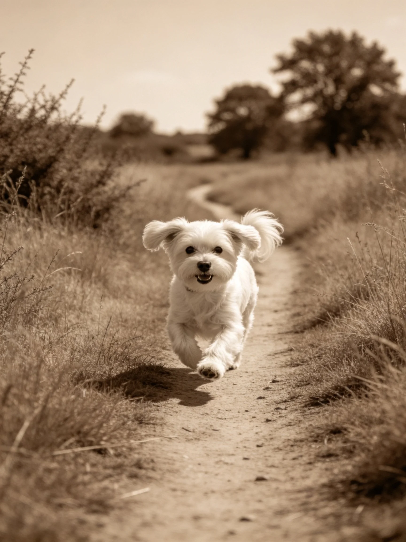 A small white dog runs joyfully down a dirt path in a sepia-toned rural setting