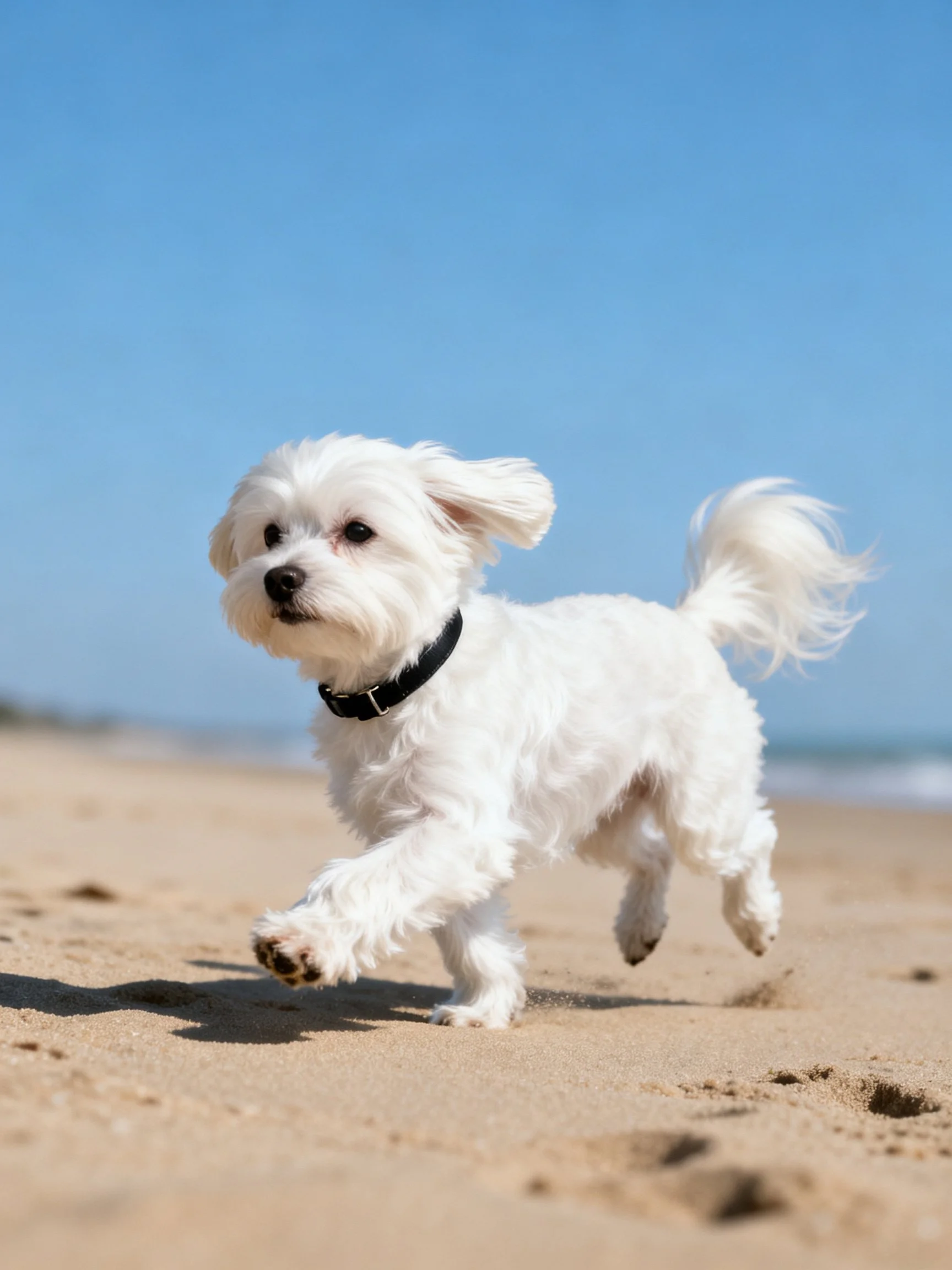 A small white dog dashes along a sandy beach shoreline.