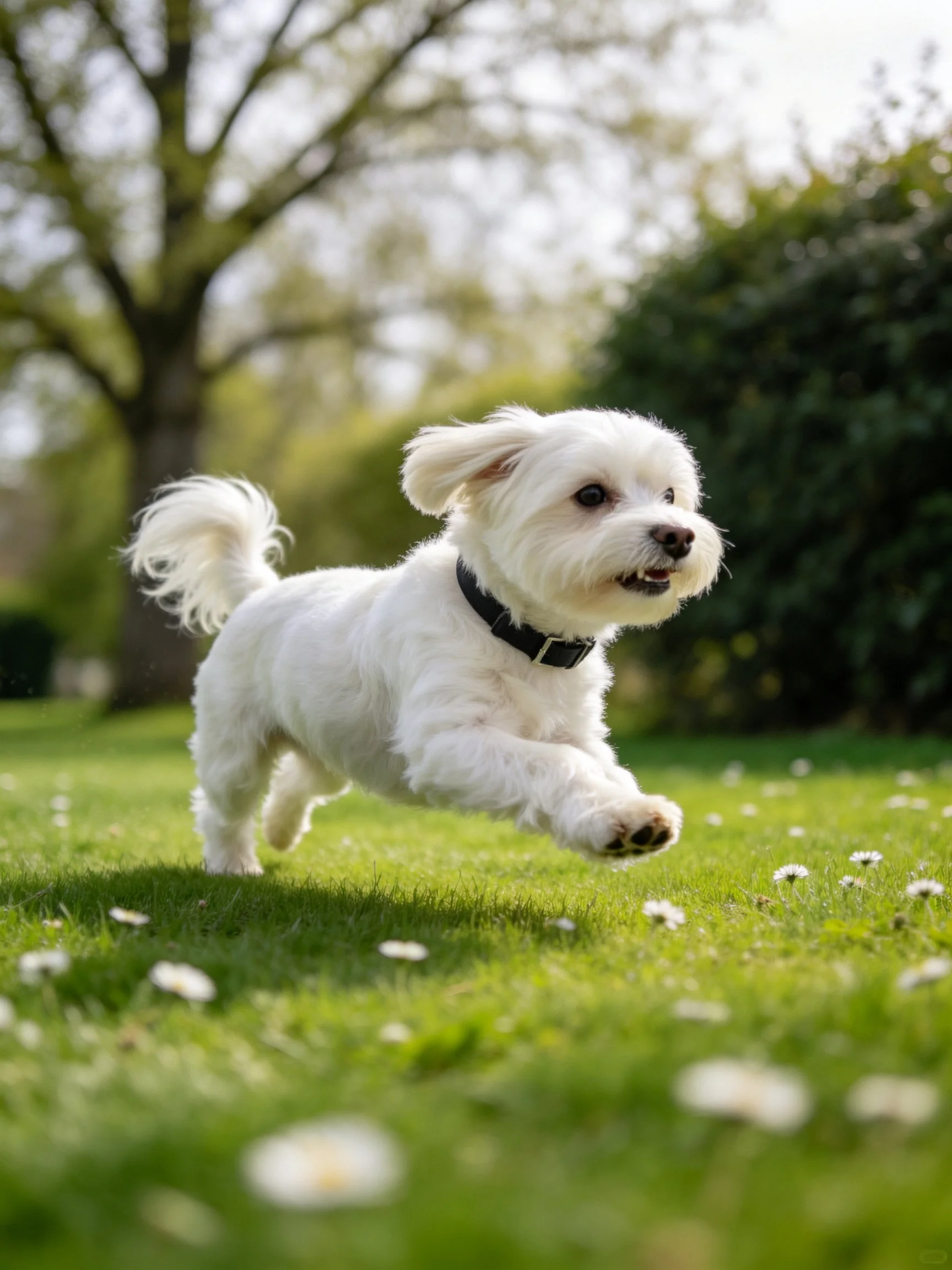 A small white dog runs energetically on a grassy area with scattered flowers.