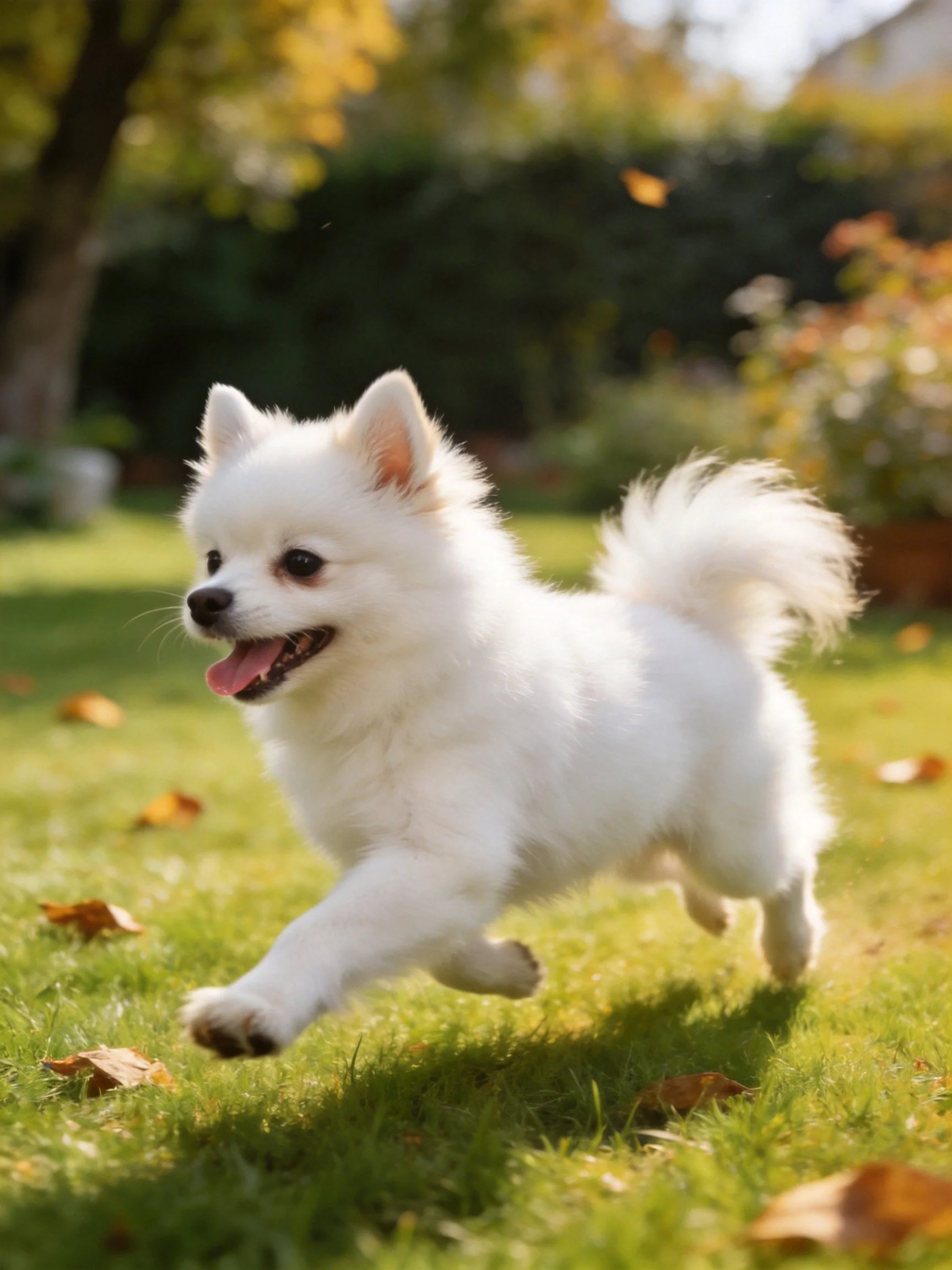 A small white dog runs happily on a sunlit grassy area with fallen leaves.