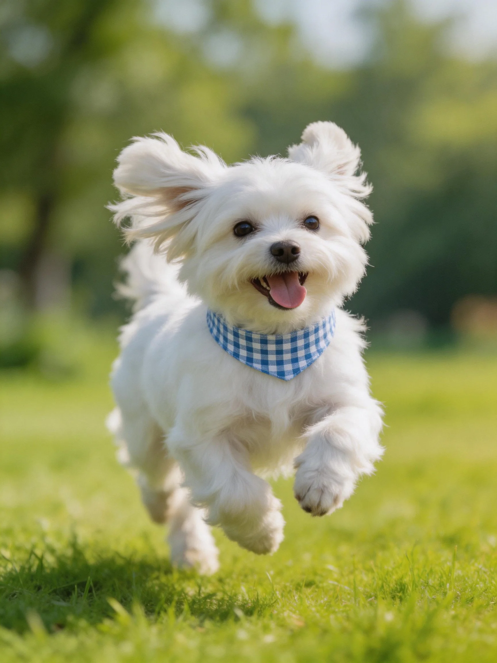 A small white dog runs happily on green grass wearing a blue bandana.