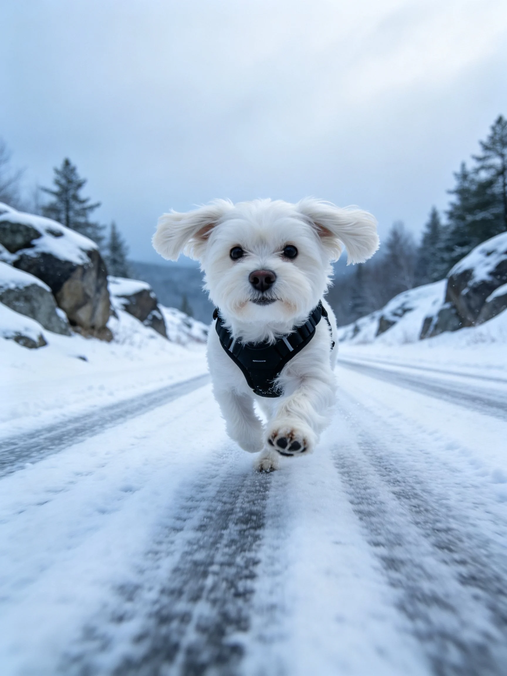 A small white dog runs energetically on a snow-covered road in a wintry landscape