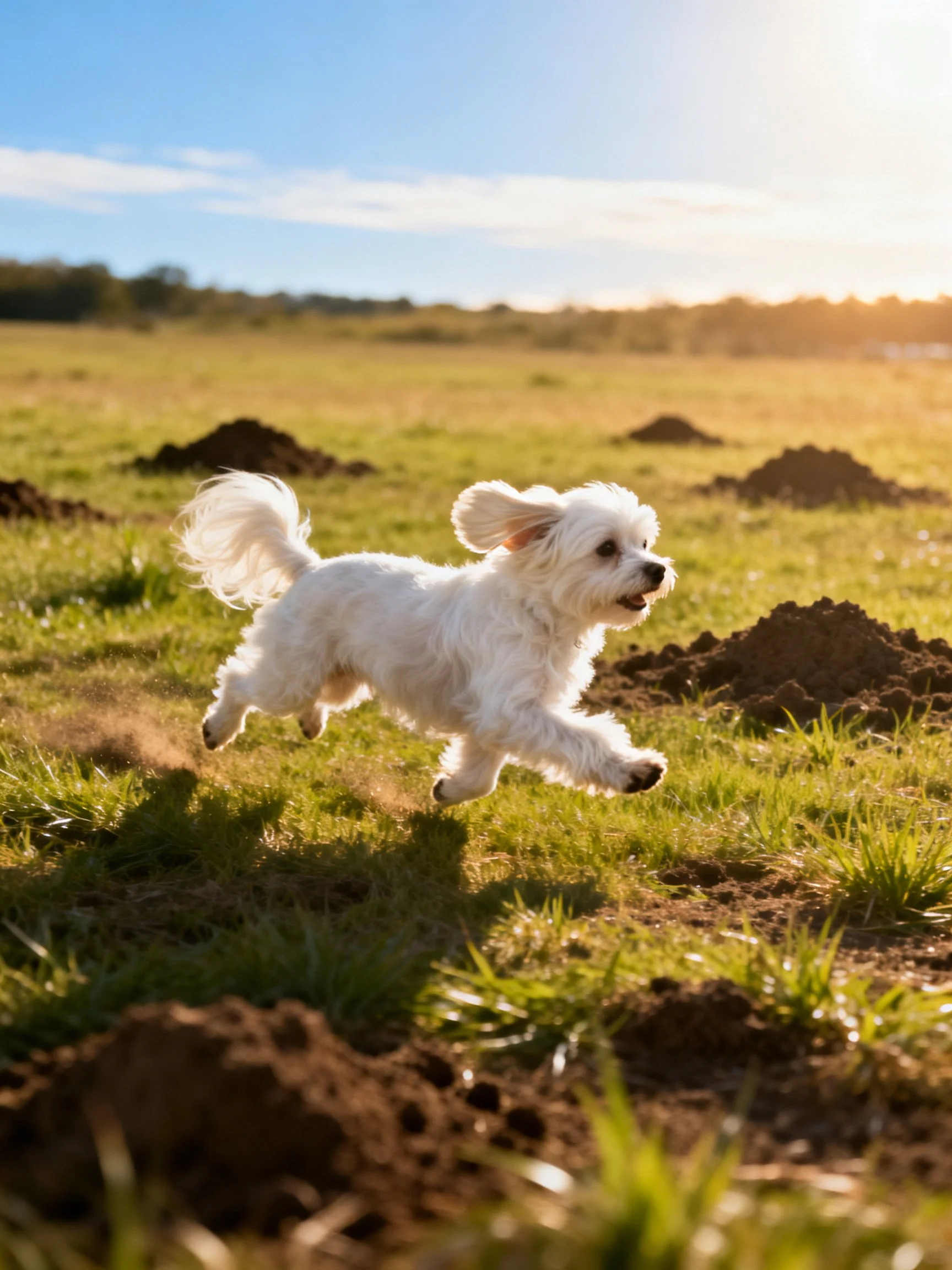 A small white dog dashes through a sunlit field dotted with dirt mounds.