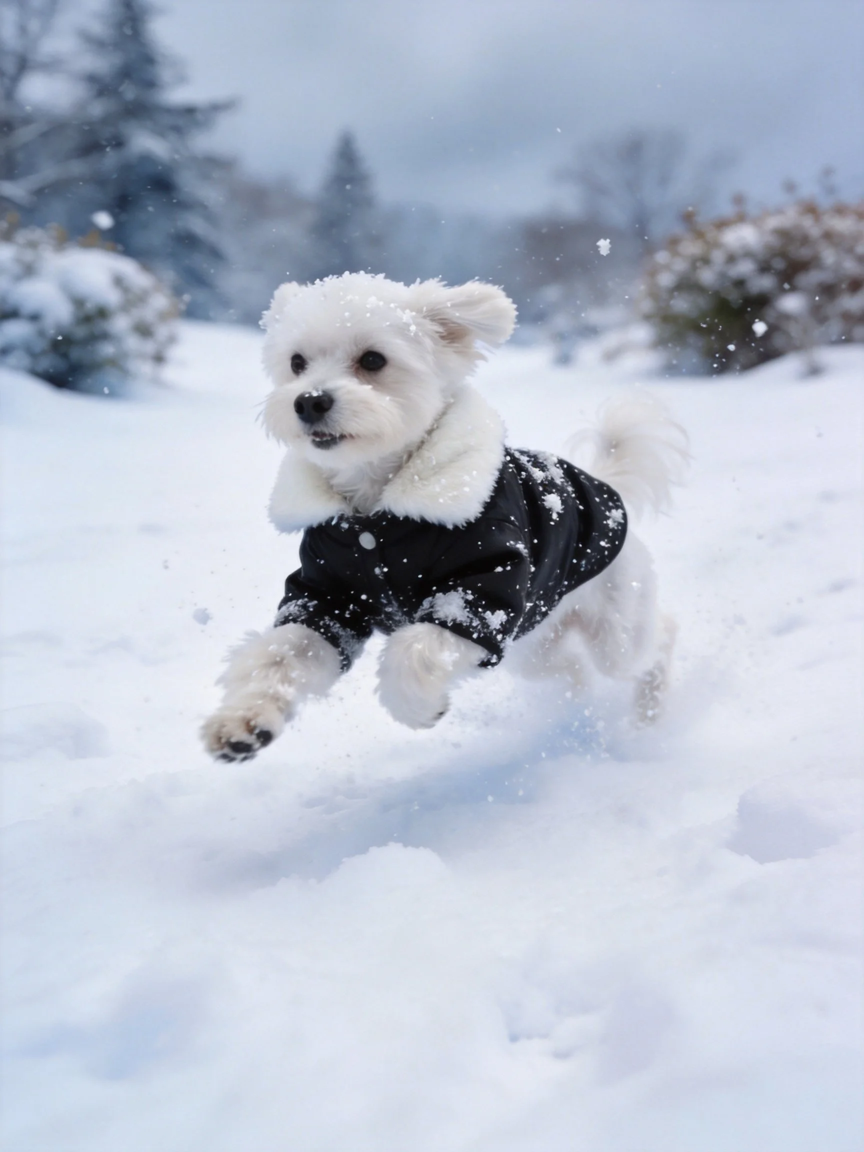 A small white dog runs energetically through deep snow.