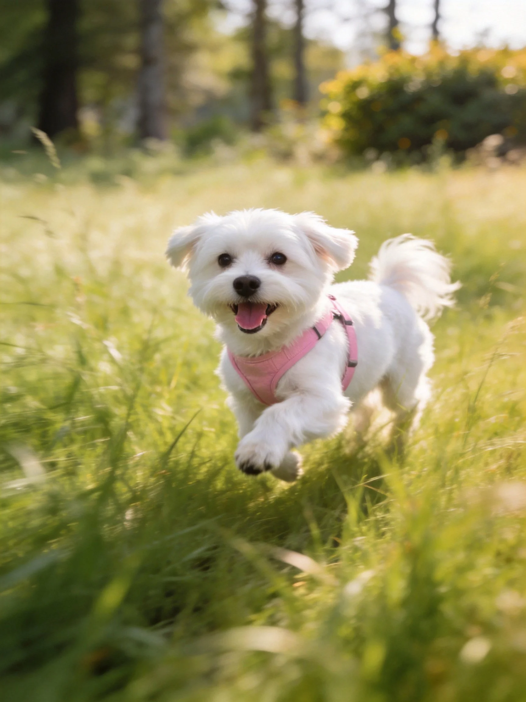 A small white dog runs joyfully through tall grass while wearing a pink harness.
