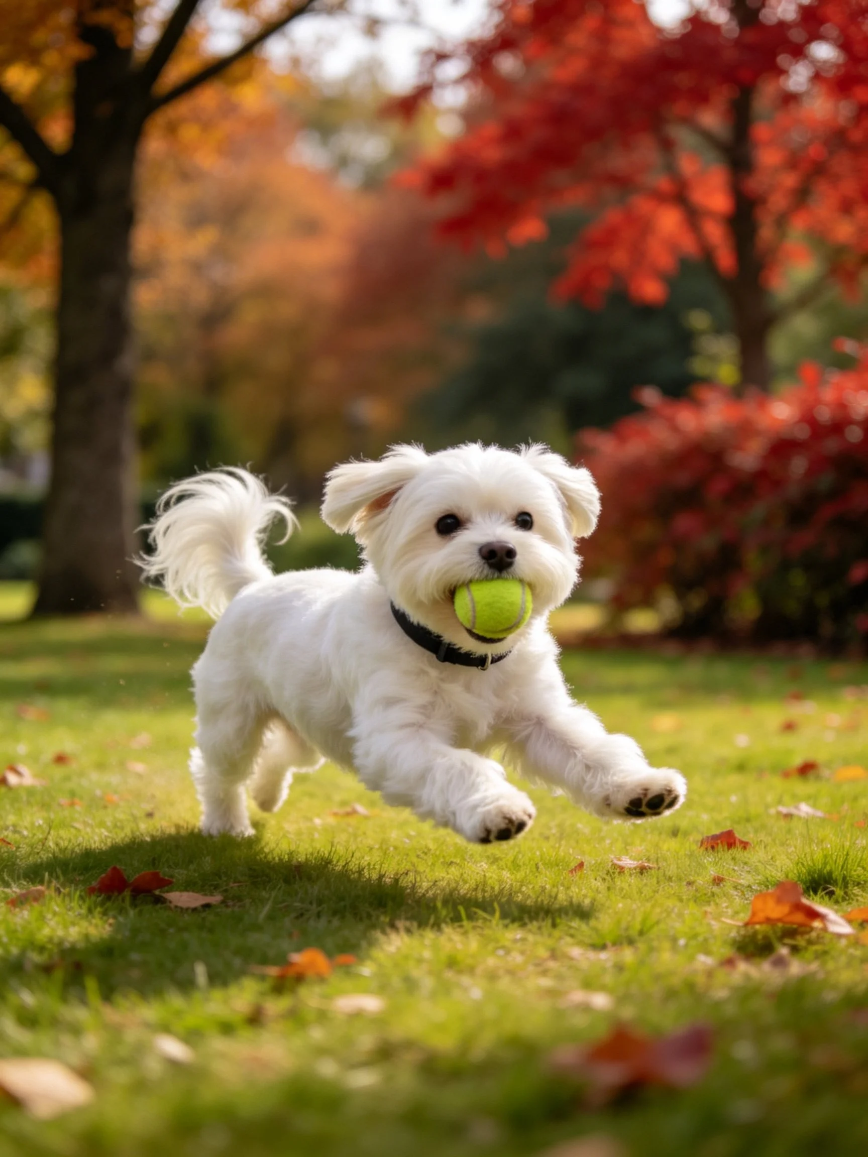 A small white dog runs with a green tennis ball in an autumn park.