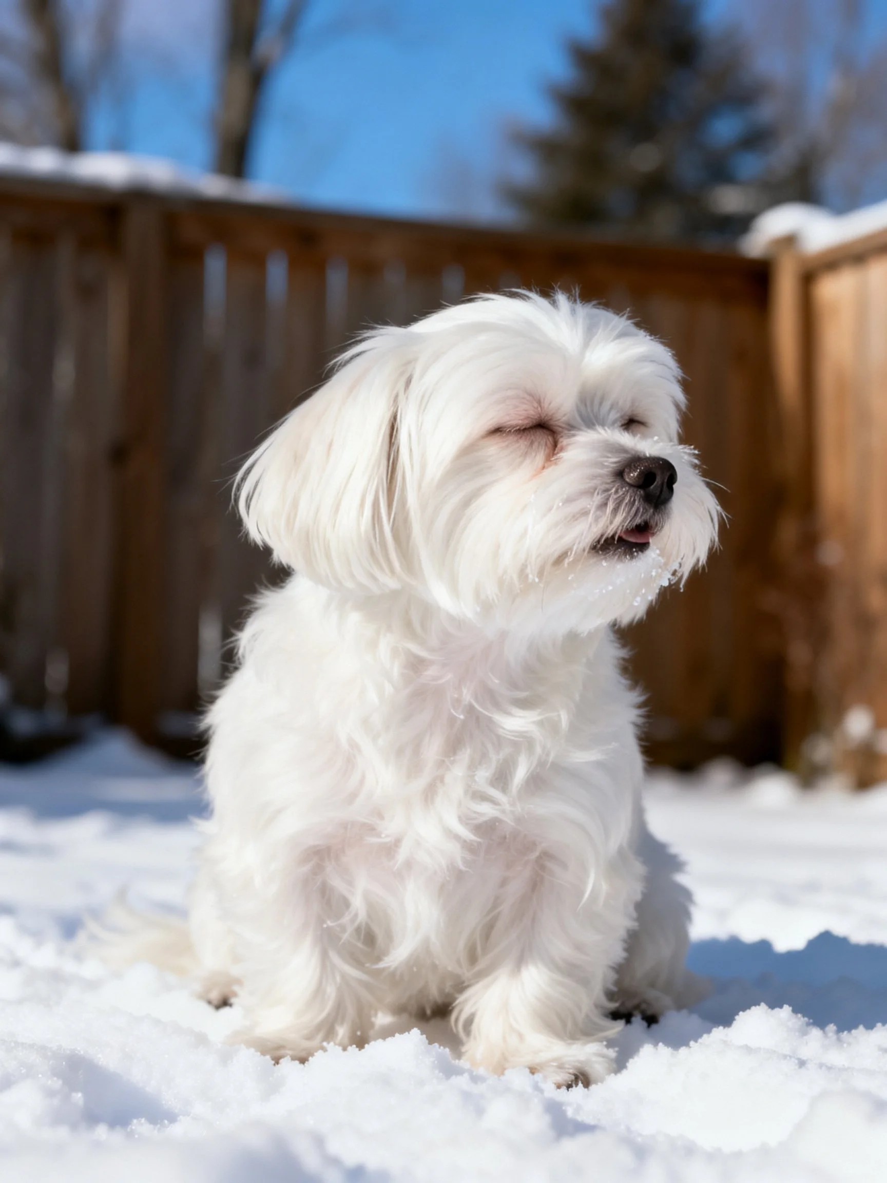 A small white dog rests in the snow beside a wooden fence