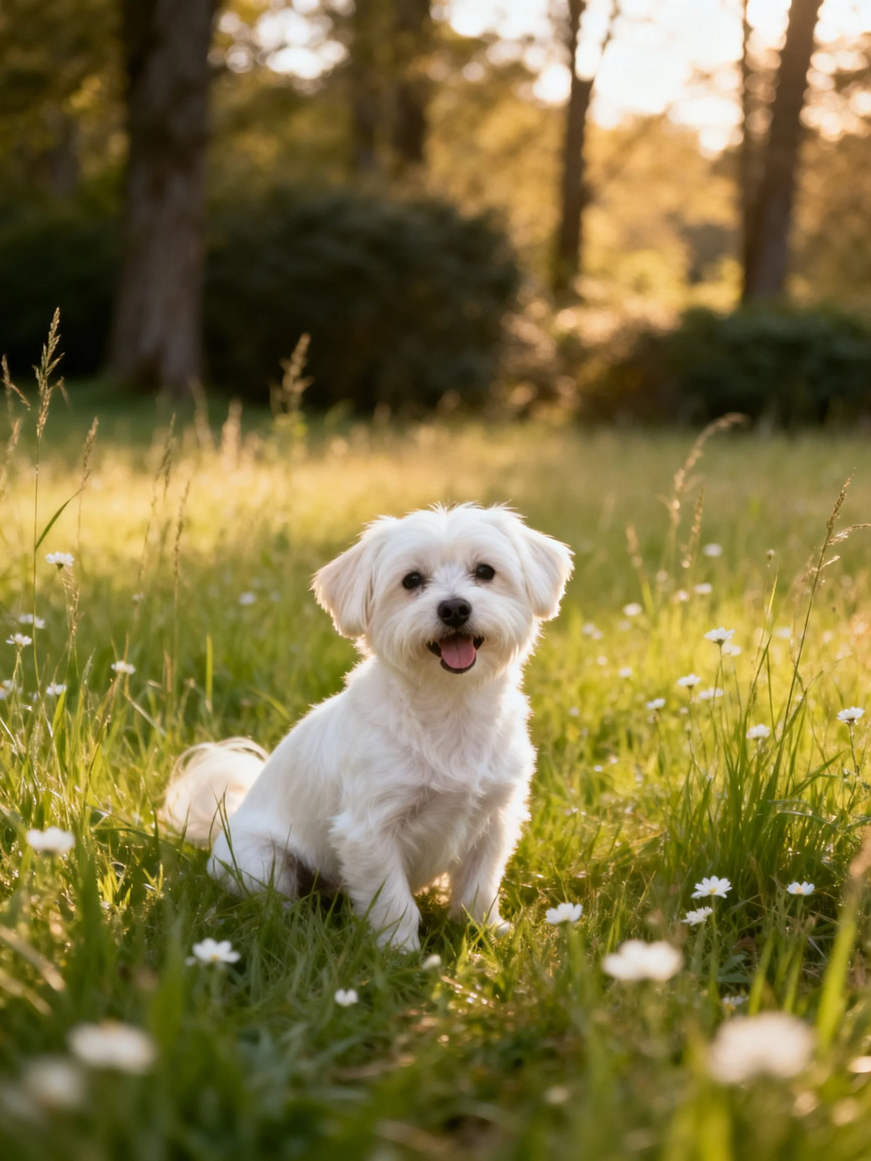 A small white dog enjoys a peaceful moment in a sunlit meadow