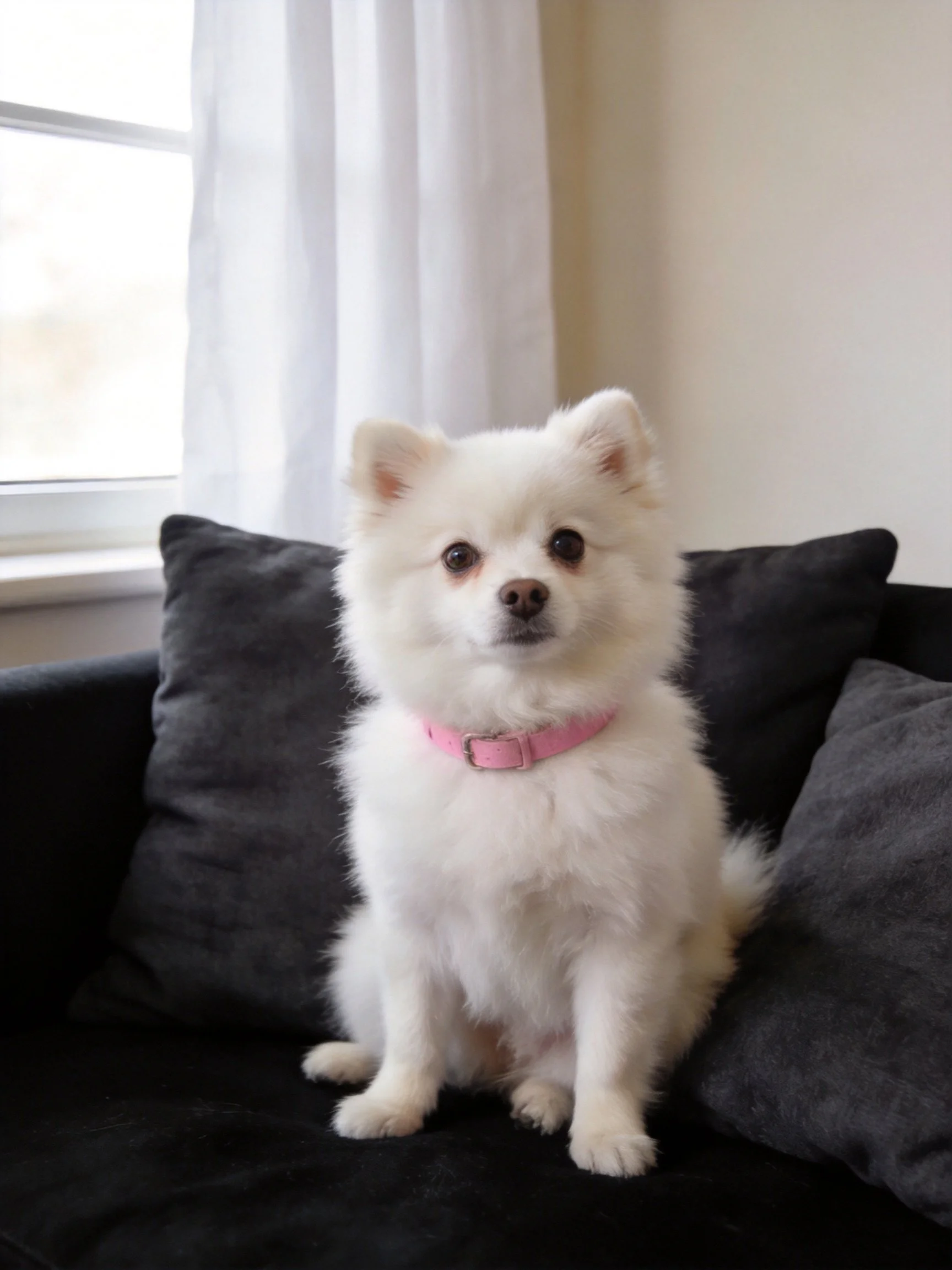 A small white dog sits calmly on a black couch near a window.